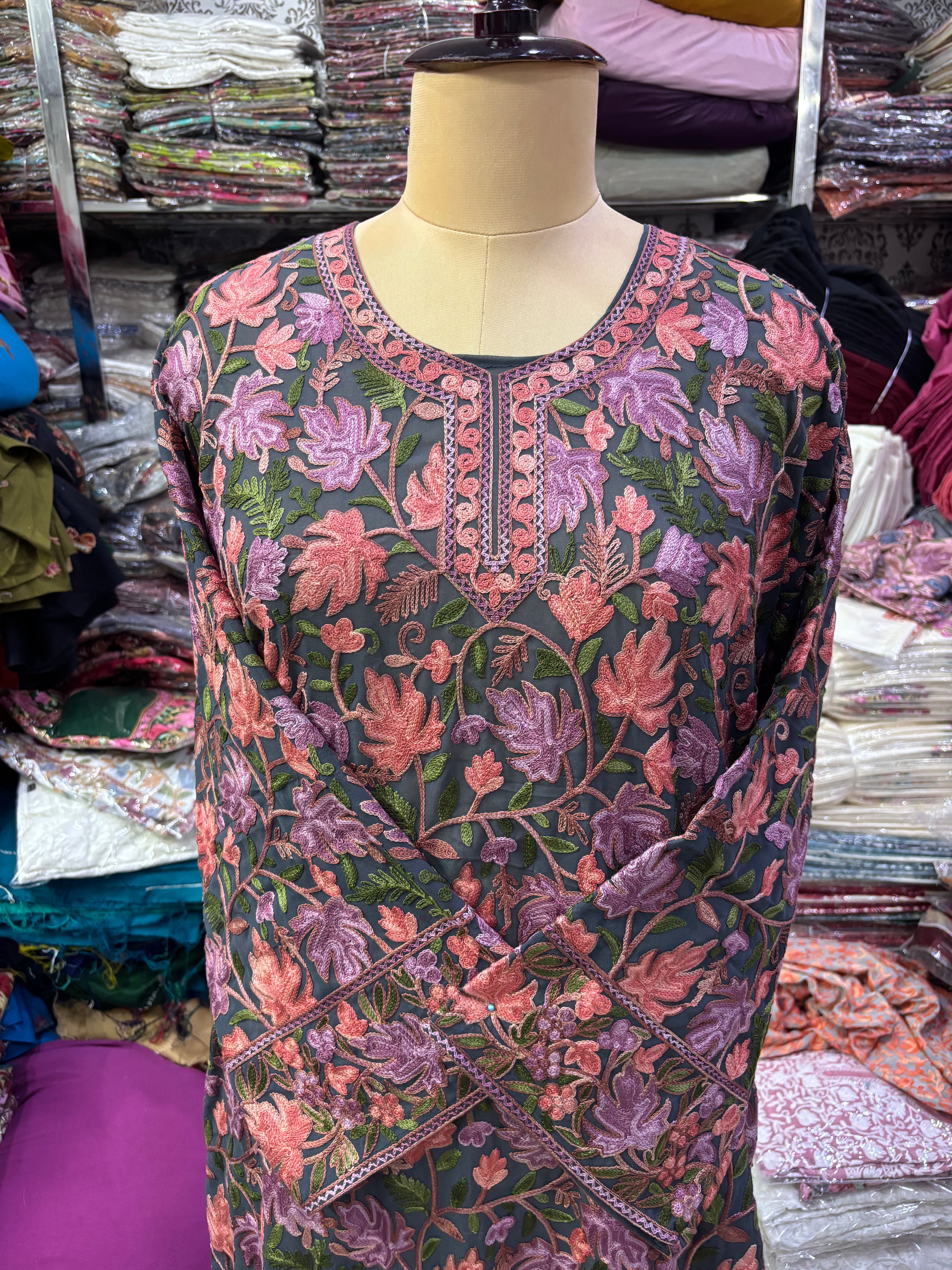 Chinar Georgette embroidery kurti size freesize upto 46 inches
