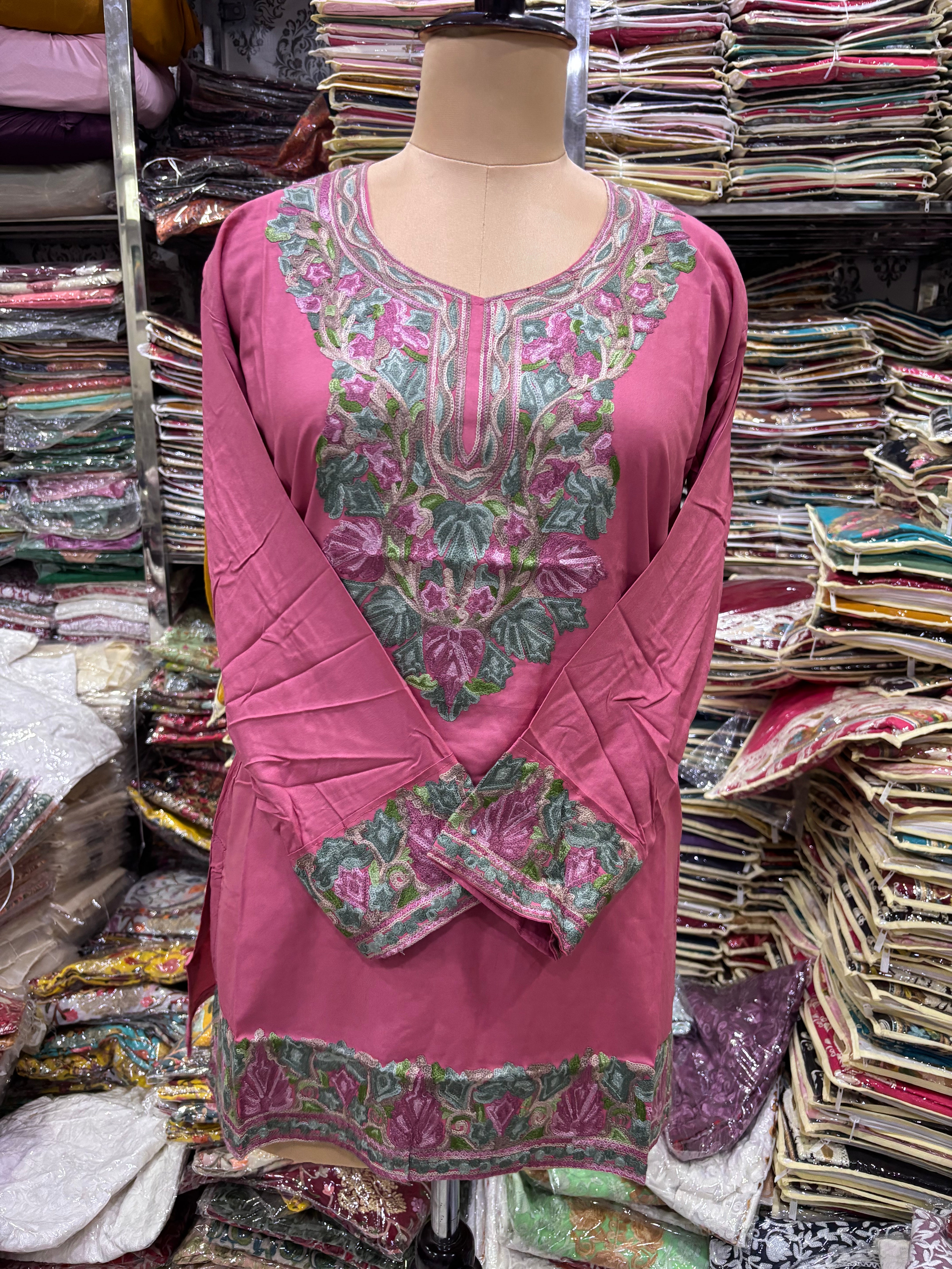 Bubblegum pink Viscose cotton kurti with embroidery work Size-42