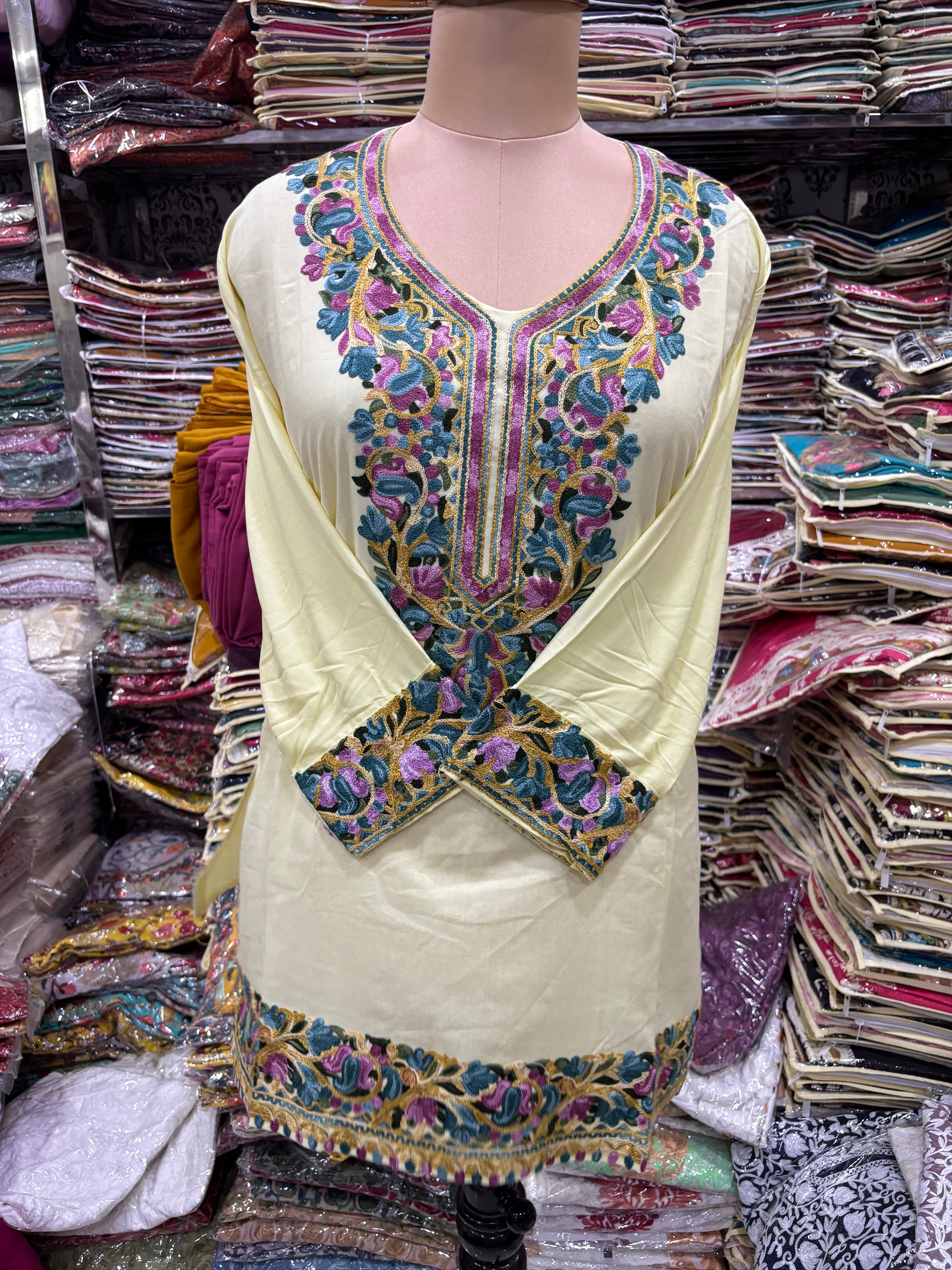 Lemon yellow Viscose cotton kurti with embroidery work Size-46
