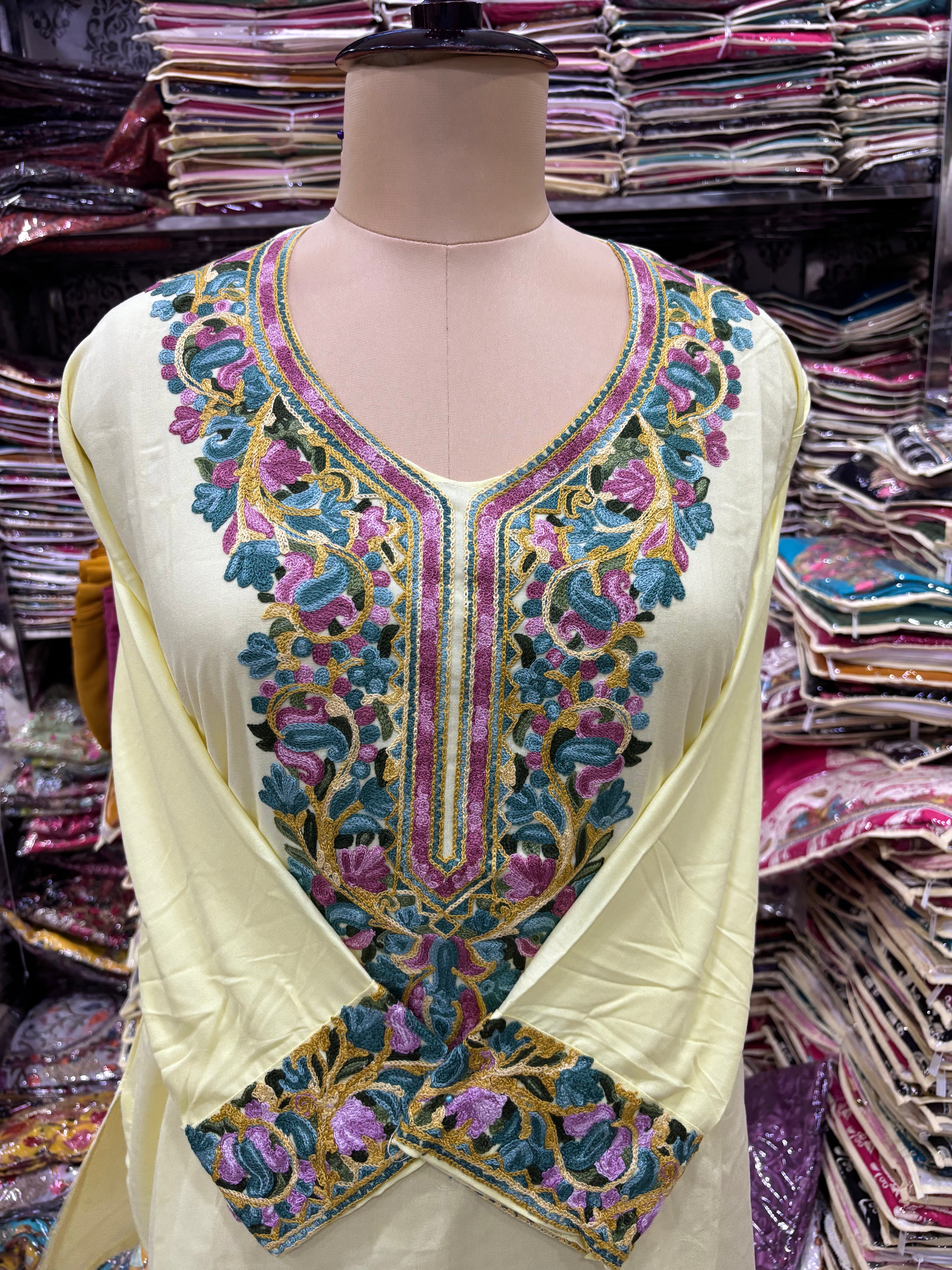 Lemon yellow Viscose cotton kurti with embroidery work Size-46