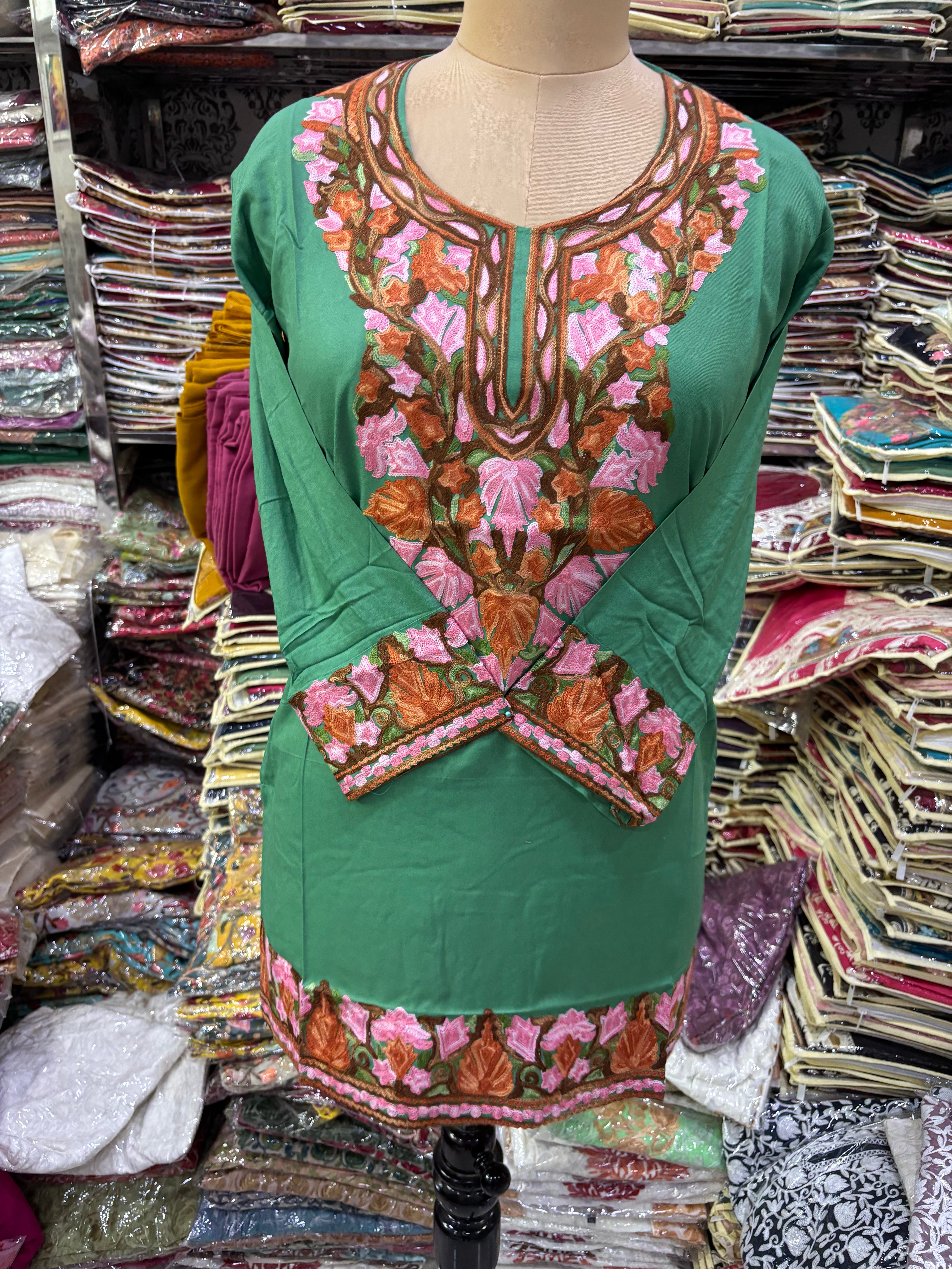 Pista green Viscose cotton kurti with embroidery work Size-42