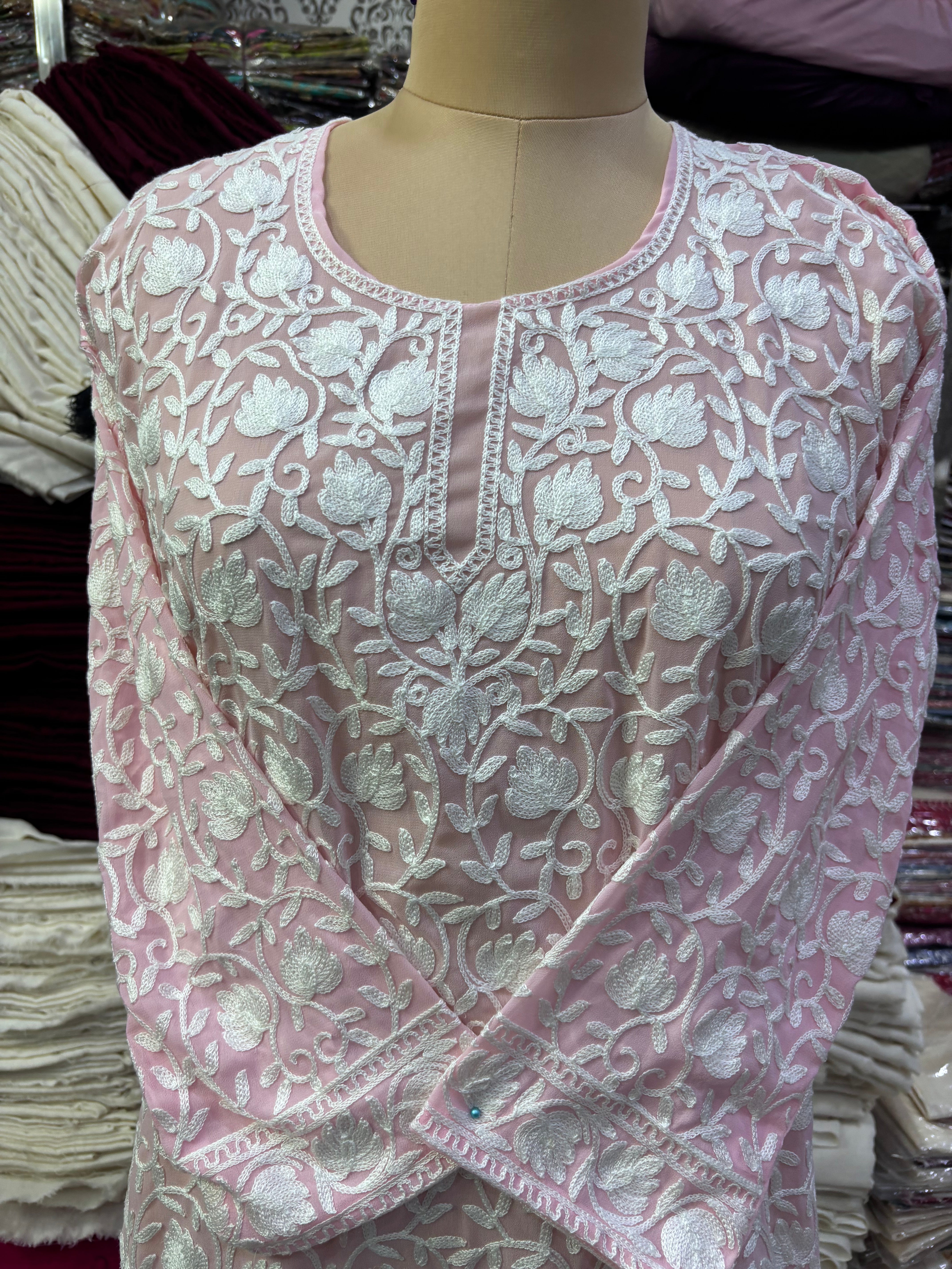 Baby pink Georgette embroidery kurti fits upto 44