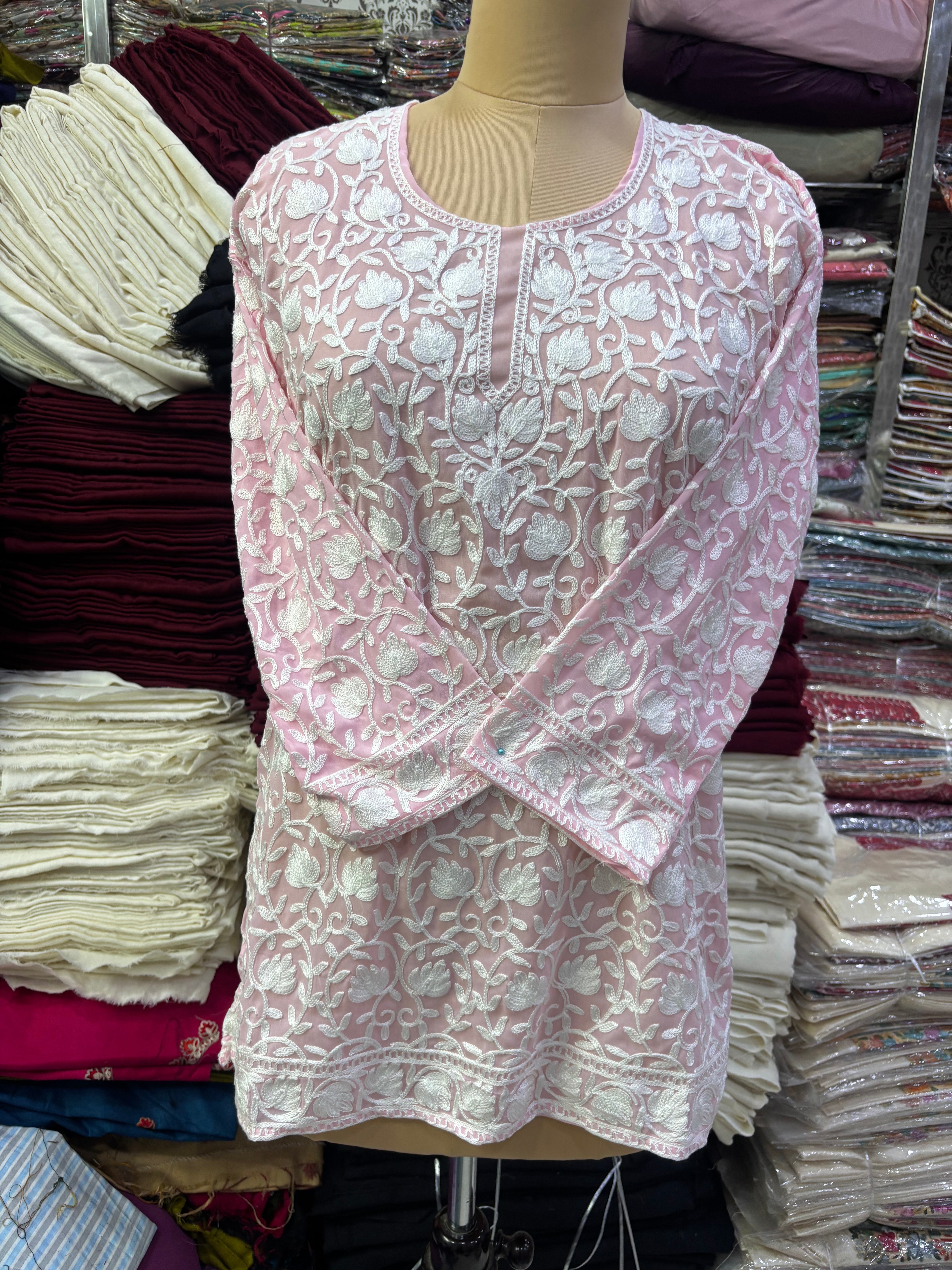 Baby pink Georgette embroidery kurti fits upto 44