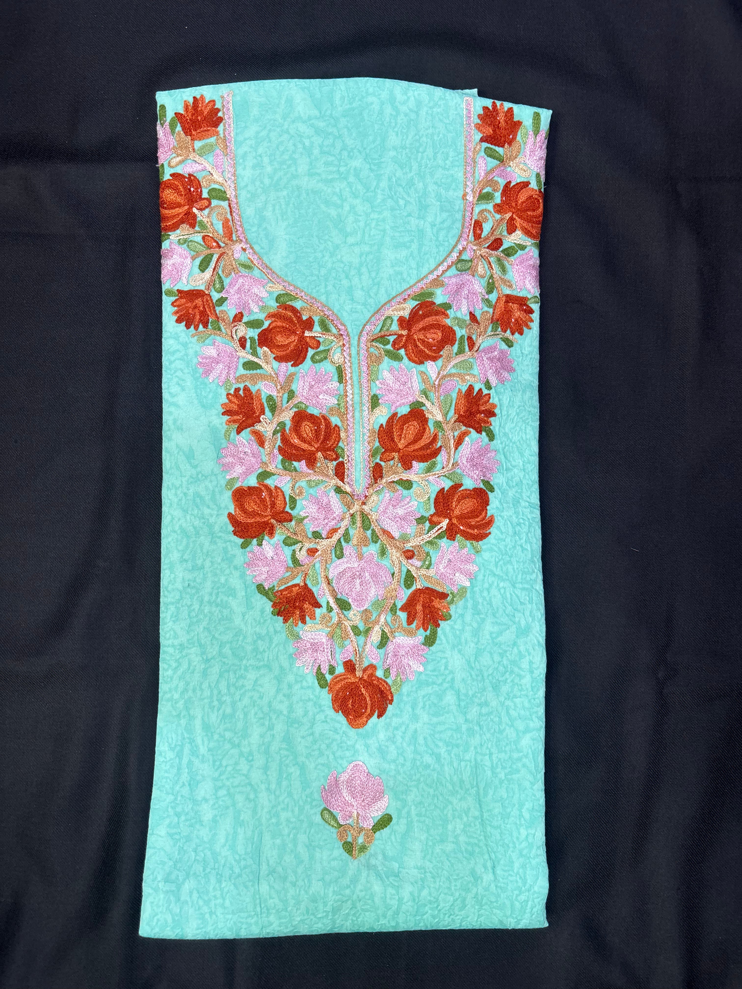 Sky blue textured cotton two pc set with floral embroidery