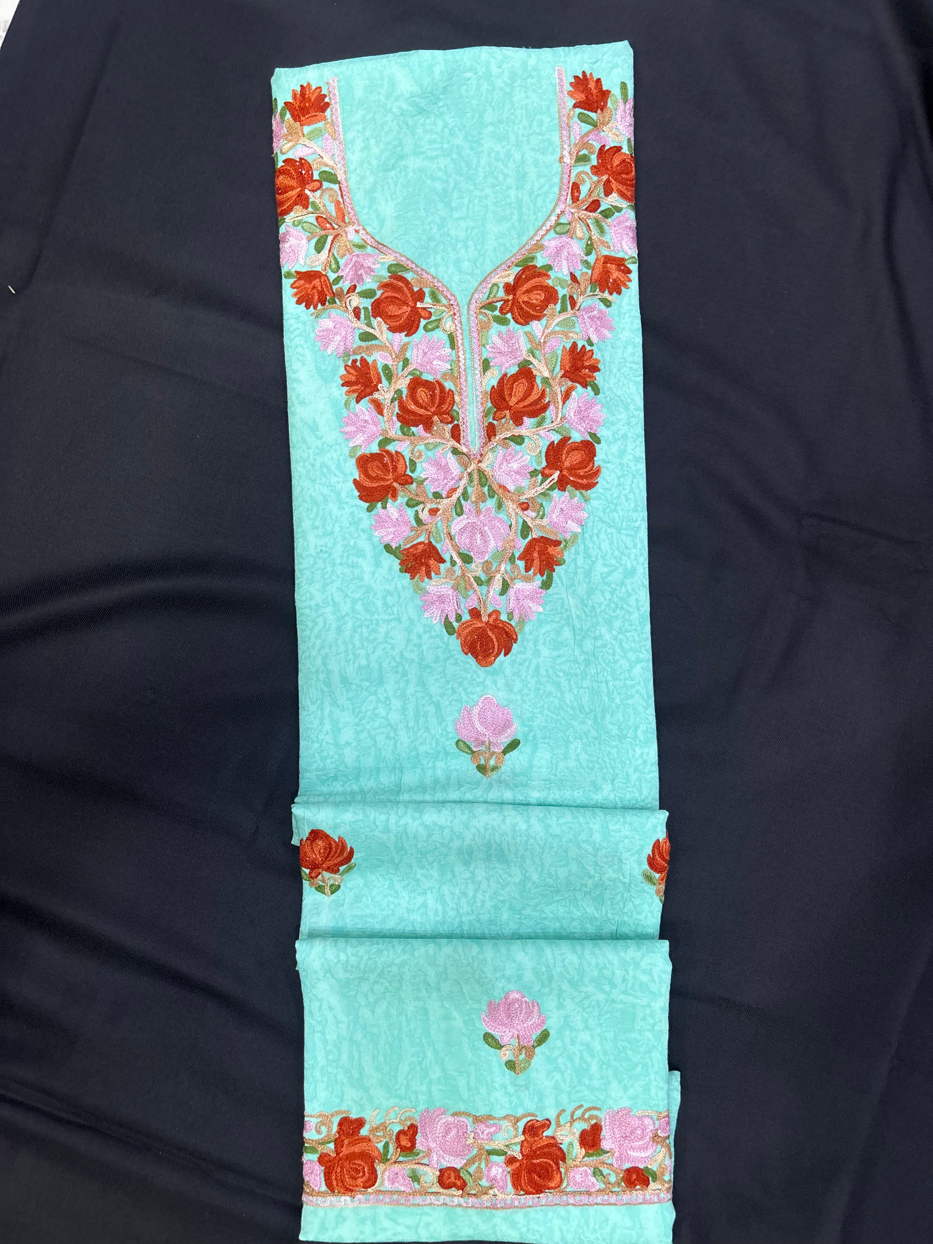 Sky blue textured cotton two pc set with floral embroidery
