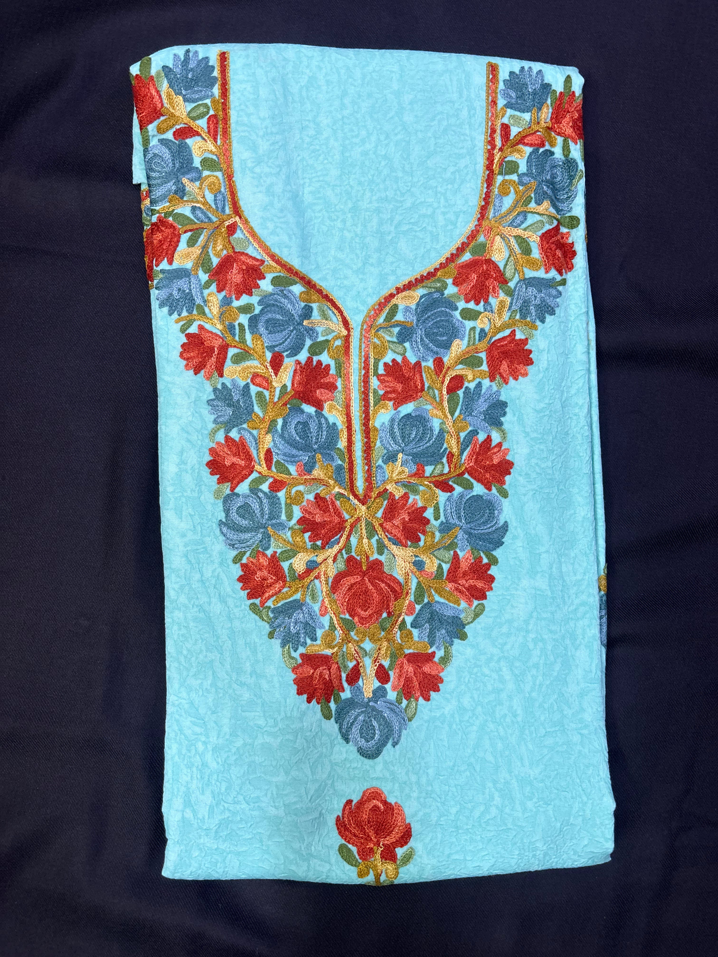 Sky blue textured cotton two pc set with floral embroidery