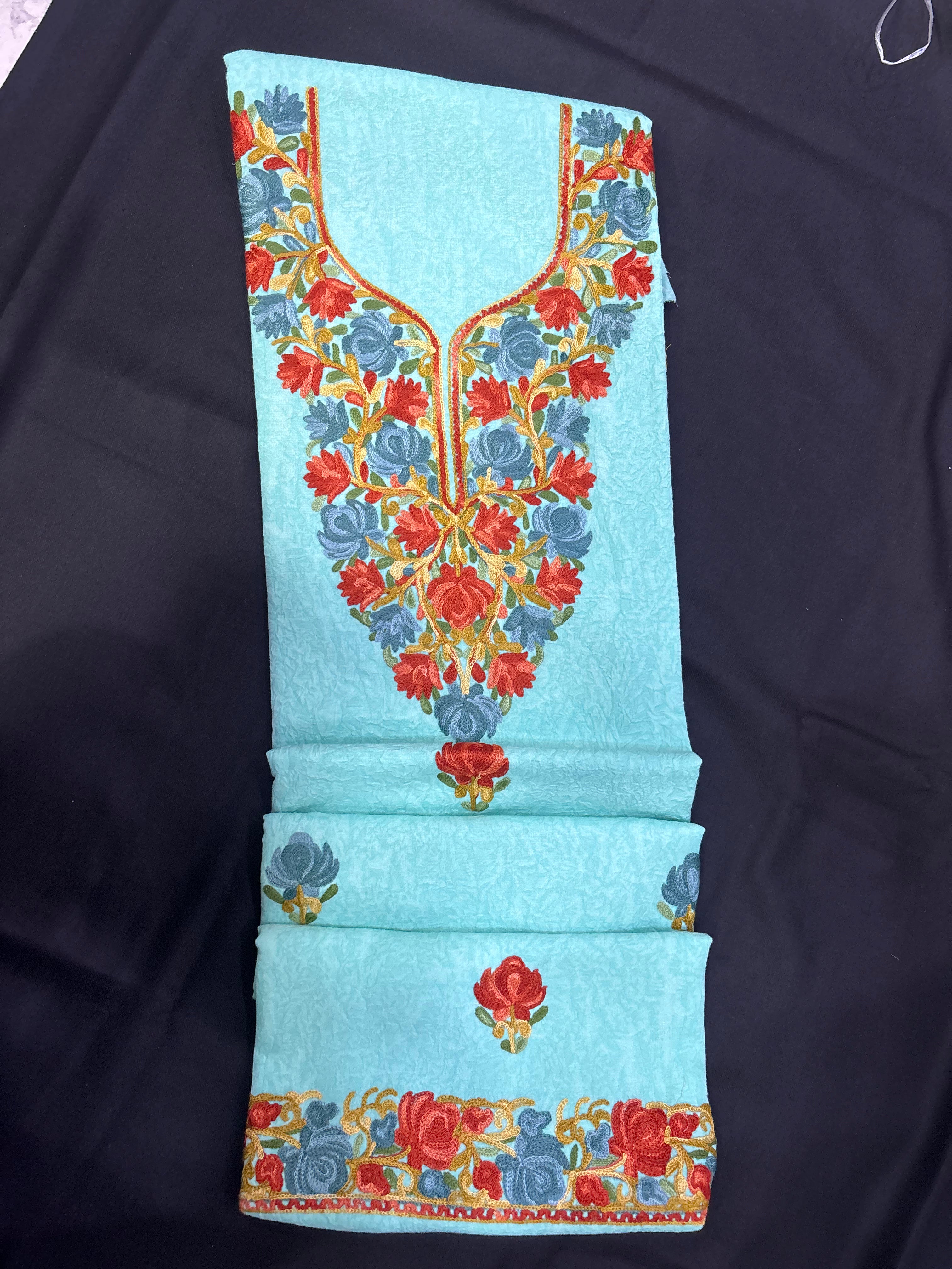 Sky blue textured cotton two pc set with floral embroidery