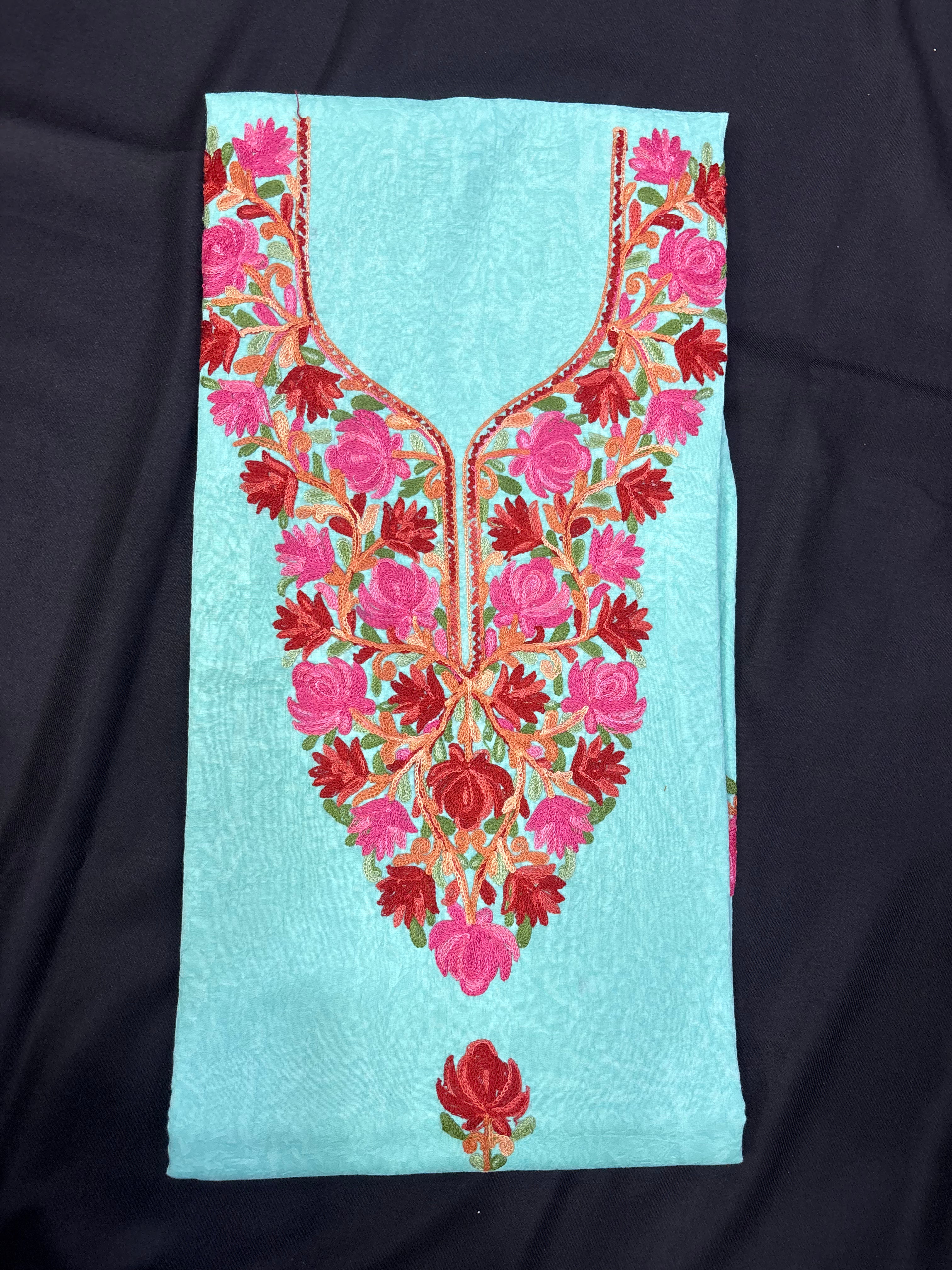 Sky blue textured cotton two pc set with floral embroidery