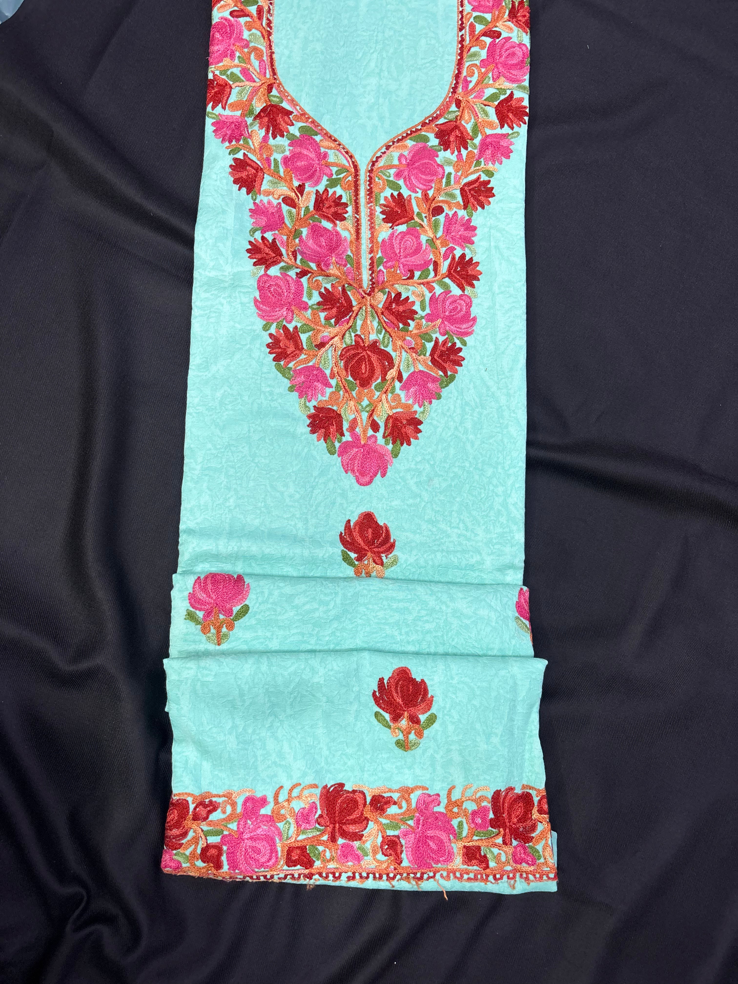 Sky blue textured cotton two pc set with floral embroidery