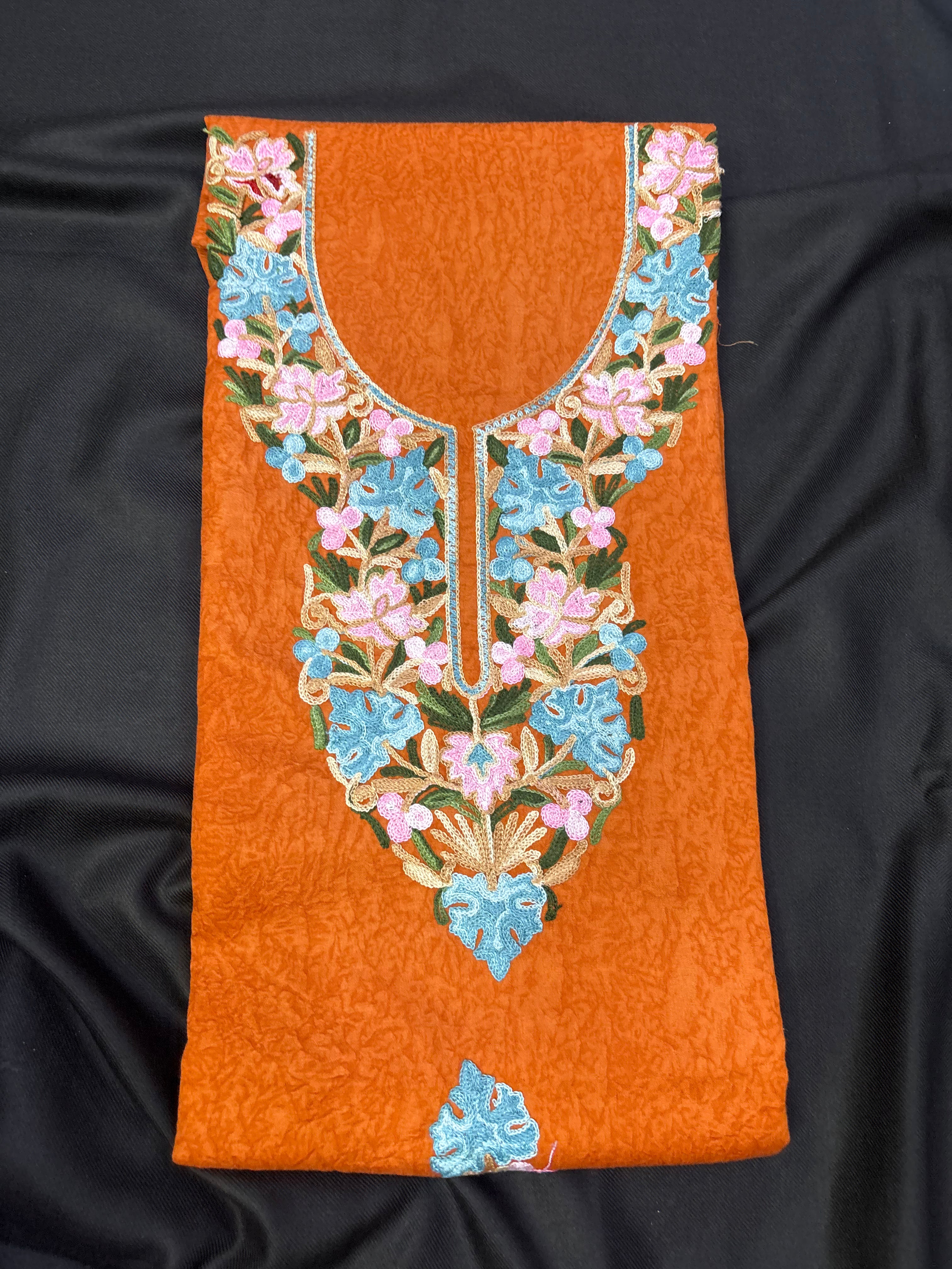 Rust orange Textured cotton two pc set with floral embroidery