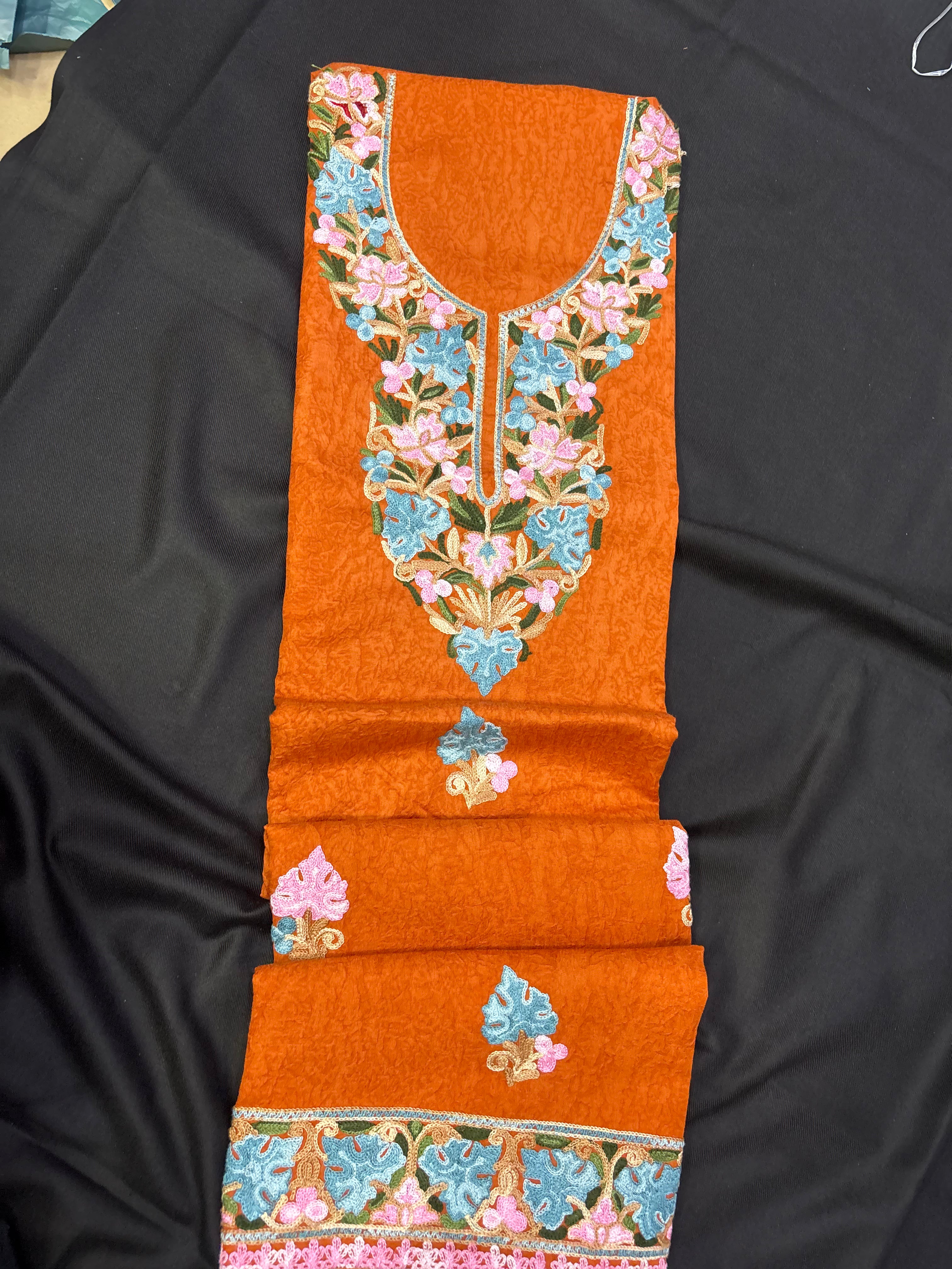 Rust orange Textured cotton two pc set with floral embroidery