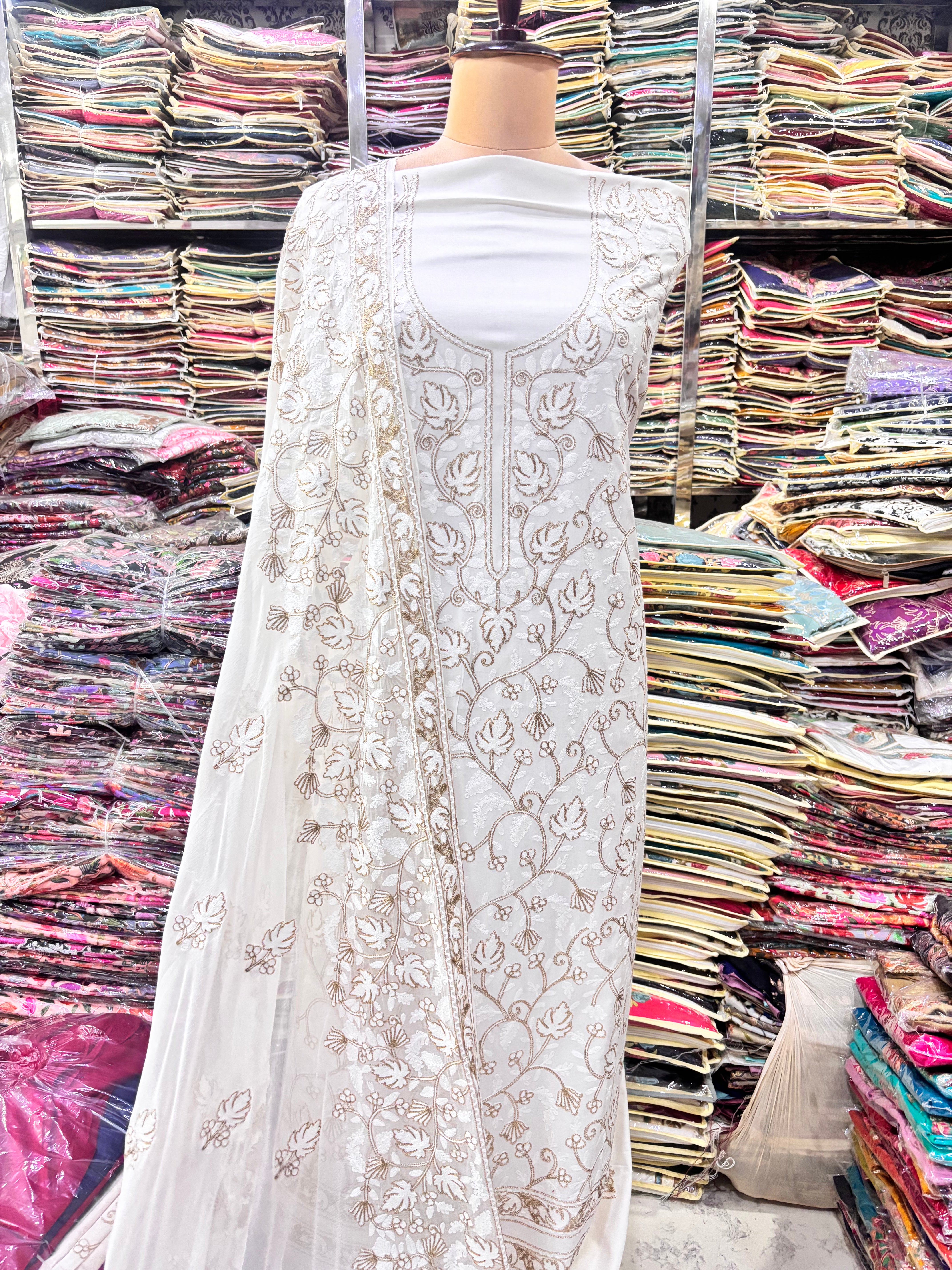 Pure rayon cotton milky white coloured embroidery suit set