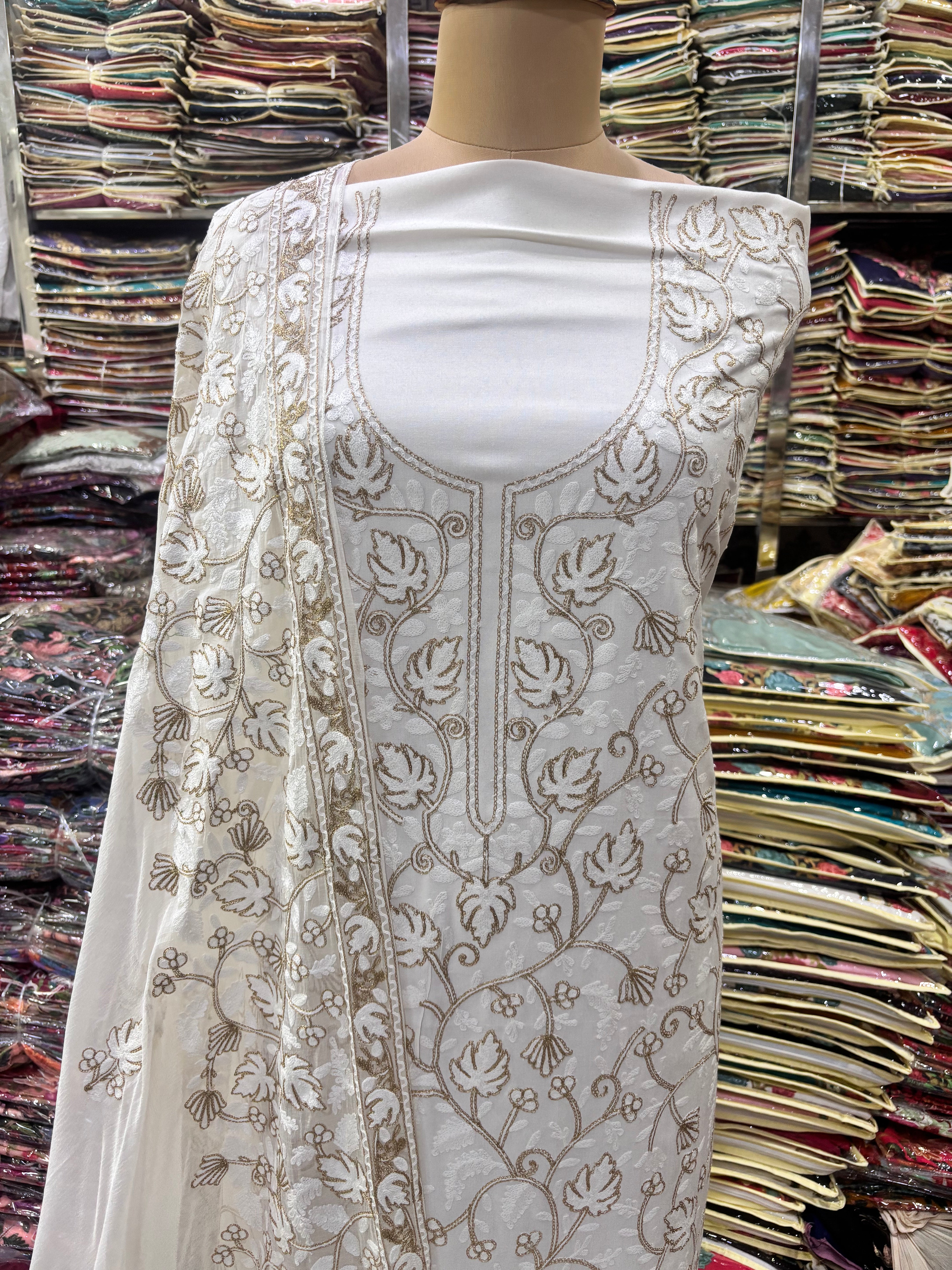 Pure rayon cotton milky white coloured embroidery suit set