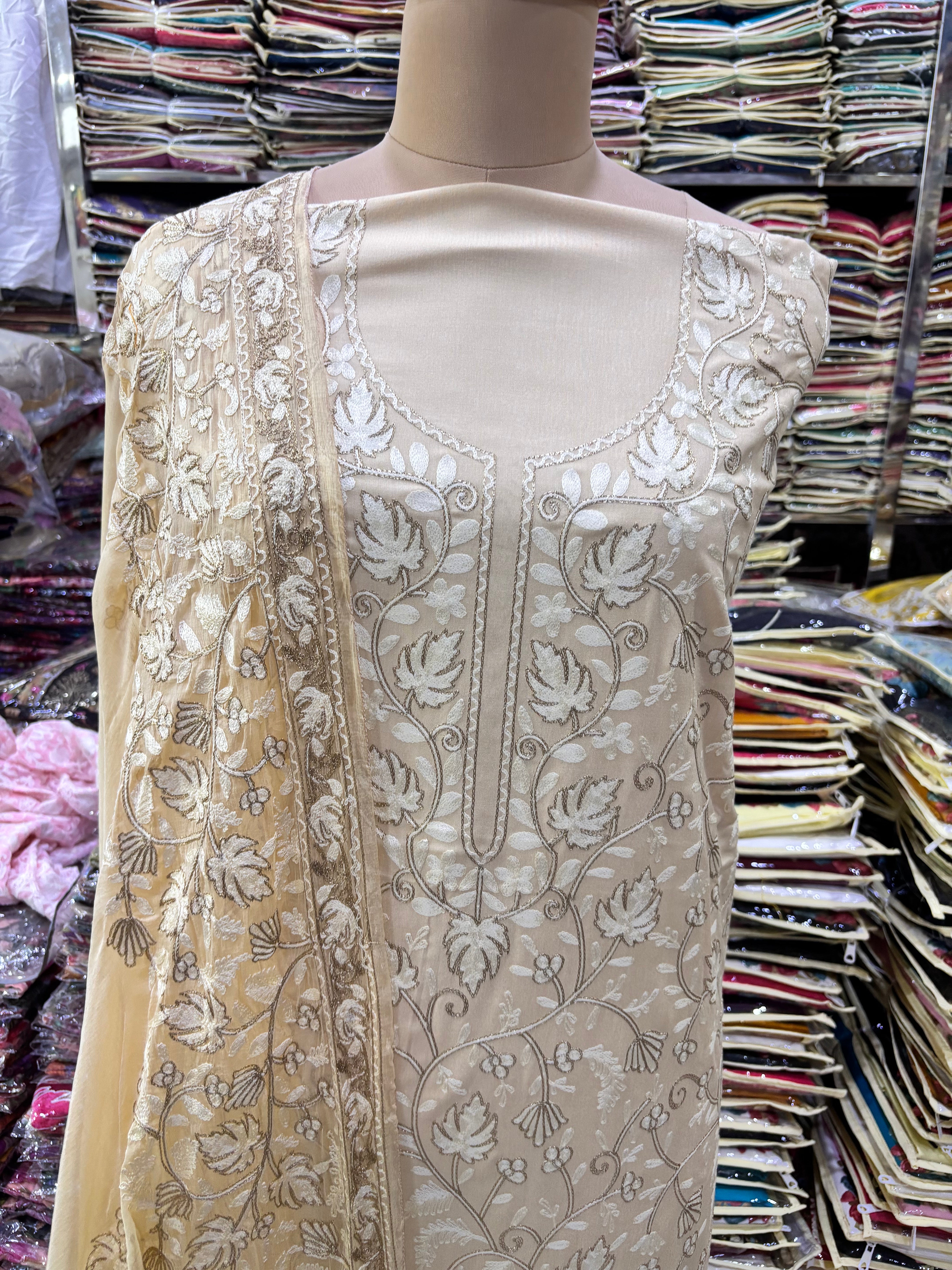 Pure rayon cotton faune coloured embroidery suit set