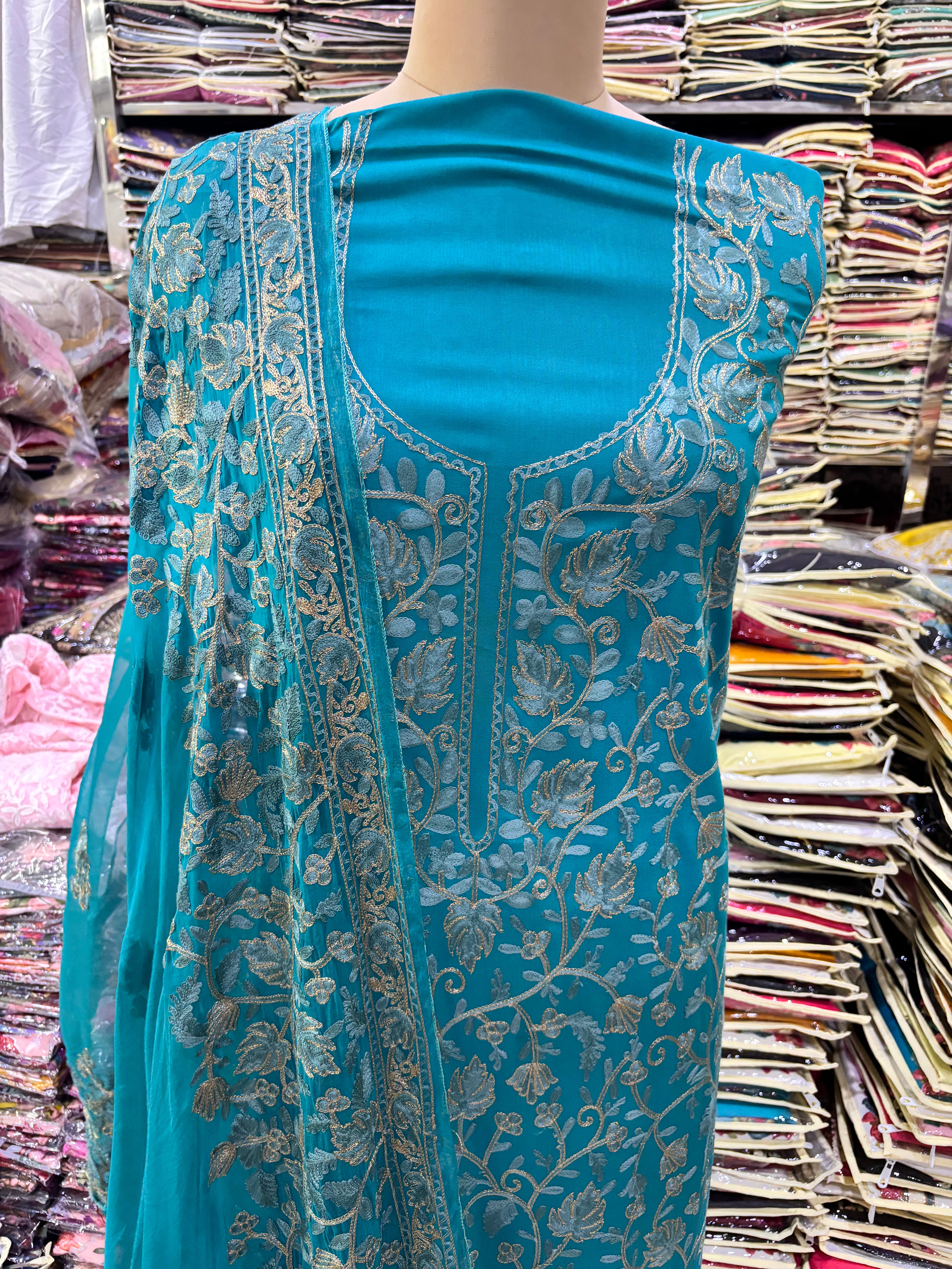 Pure rayon cotton rama green coloured embroidery suit set