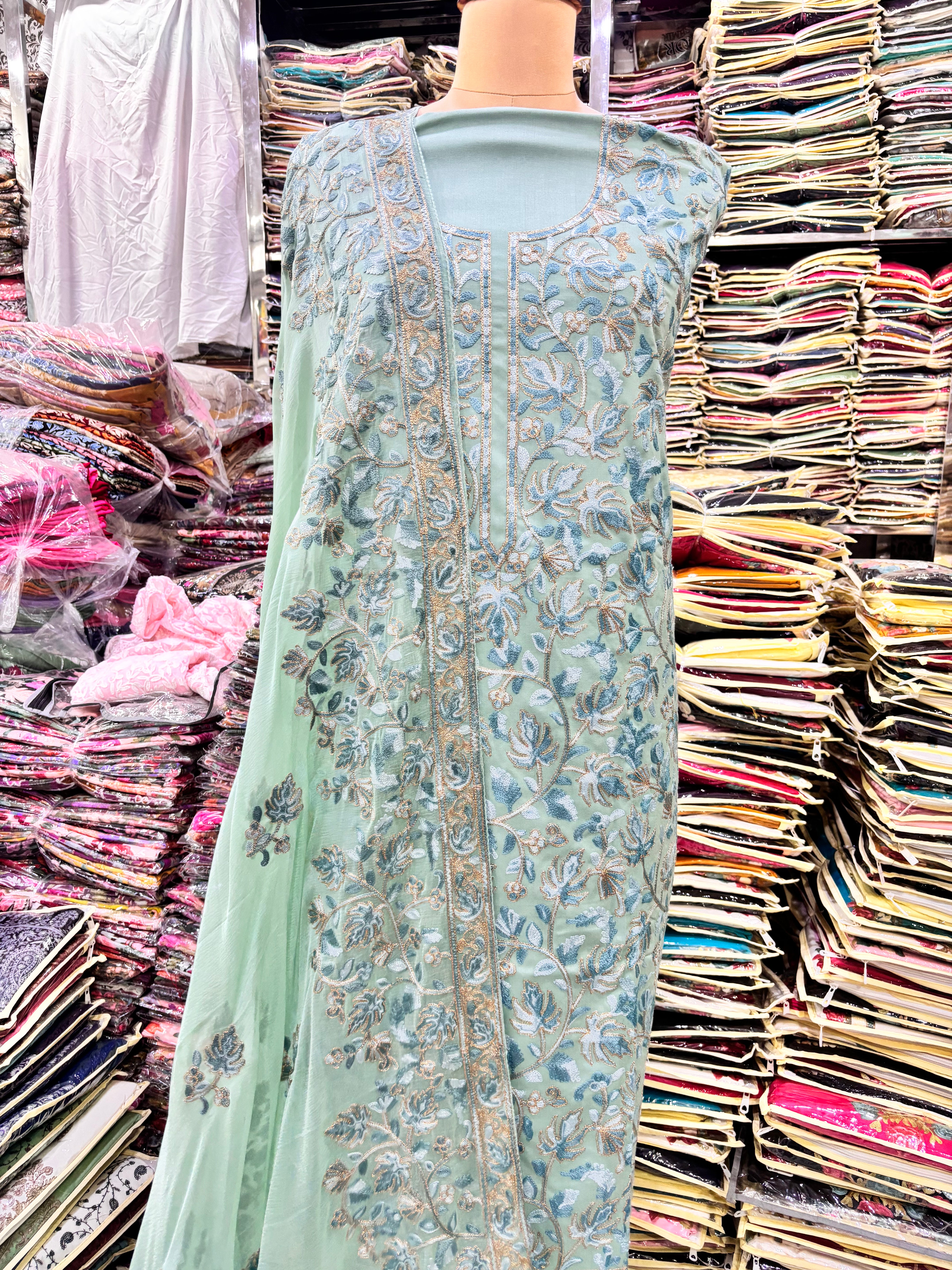 Pure rayon cotton light pastel green coloured embroidery suit set