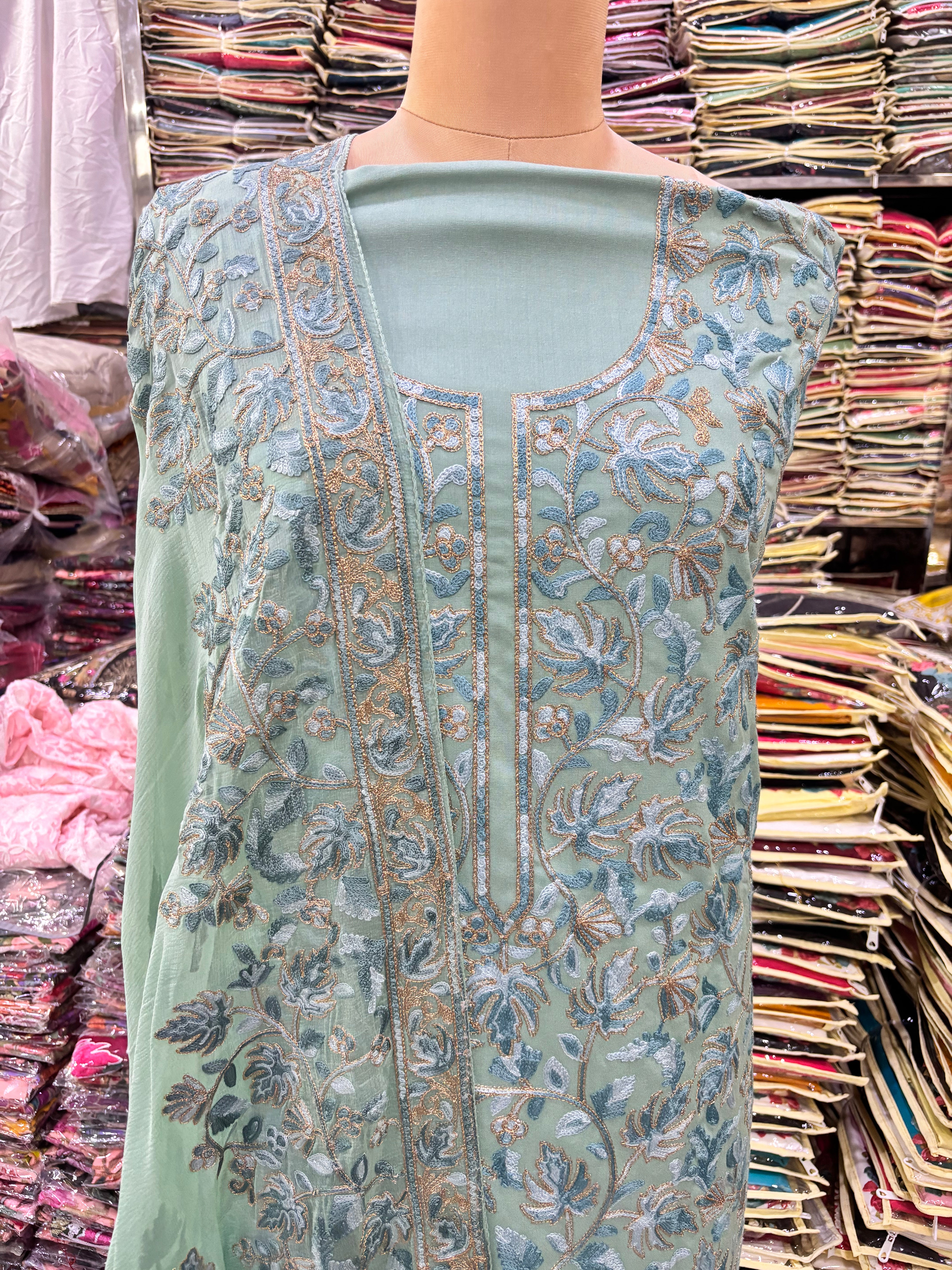 Pure rayon cotton light pastel green coloured embroidery suit set