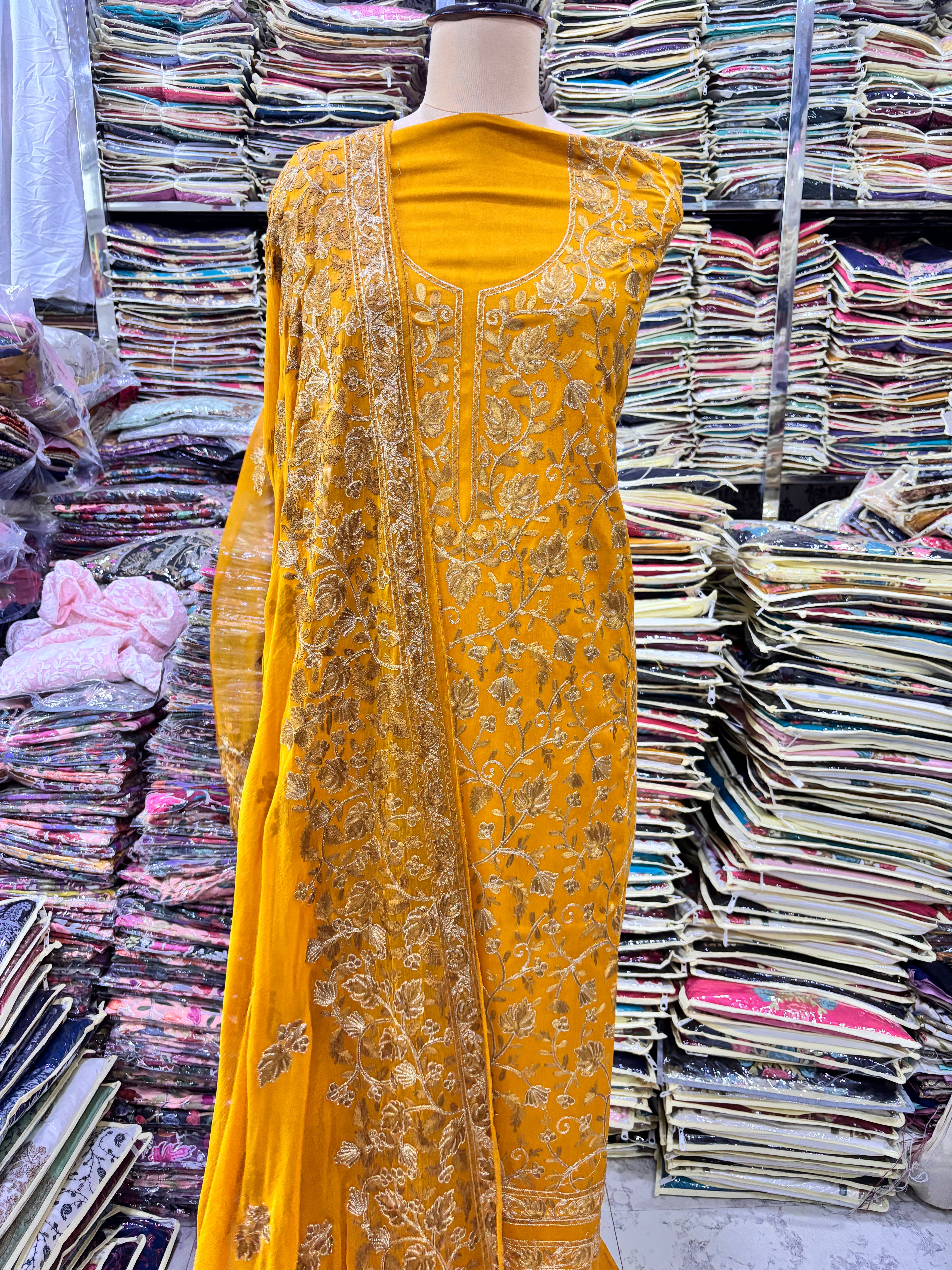 Pure rayon cotton mustard coloured embroidery suit set