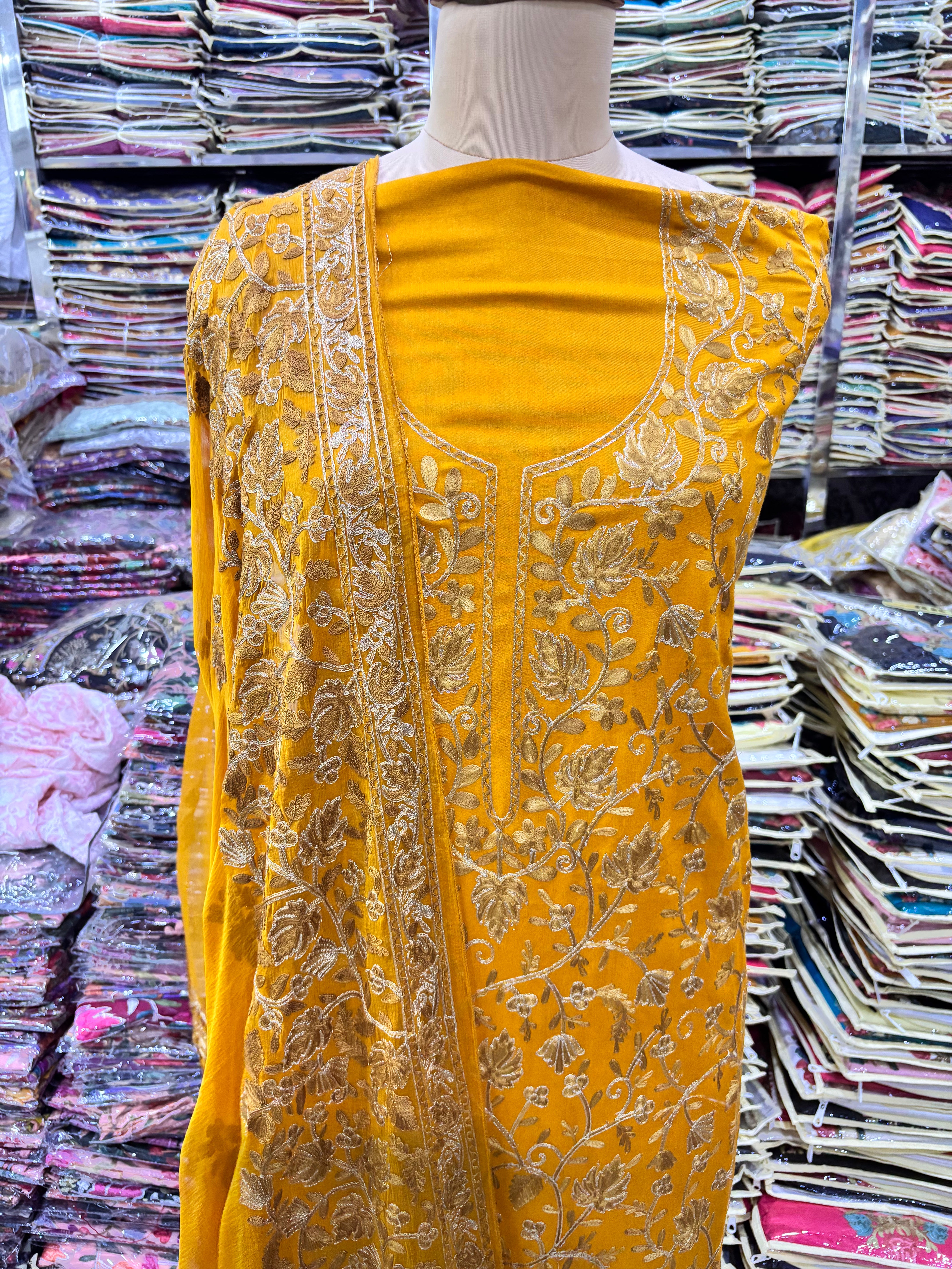 Pure rayon cotton mustard coloured embroidery suit set