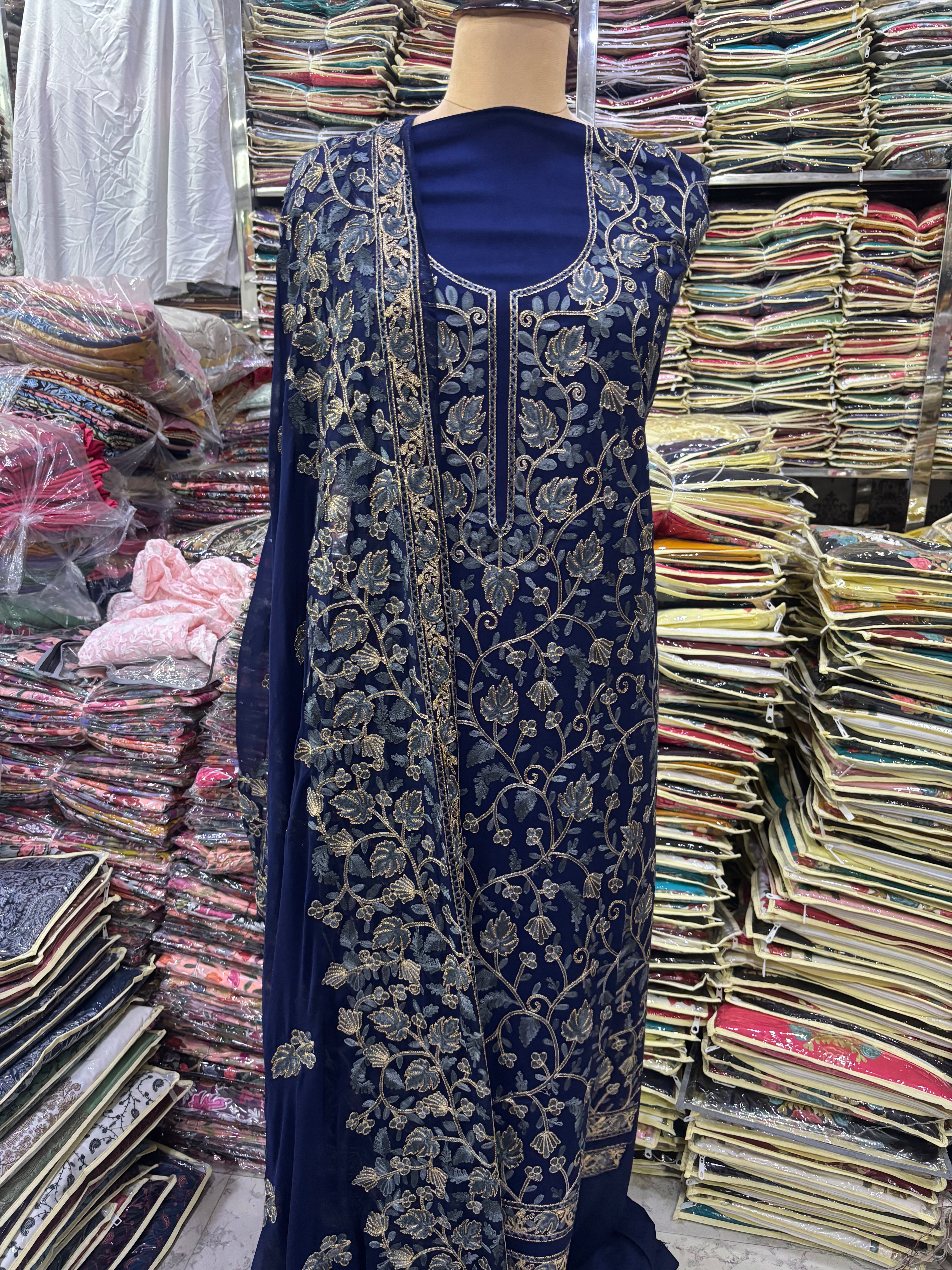 Pure rayon cotton navy blue coloured embroidery suit set