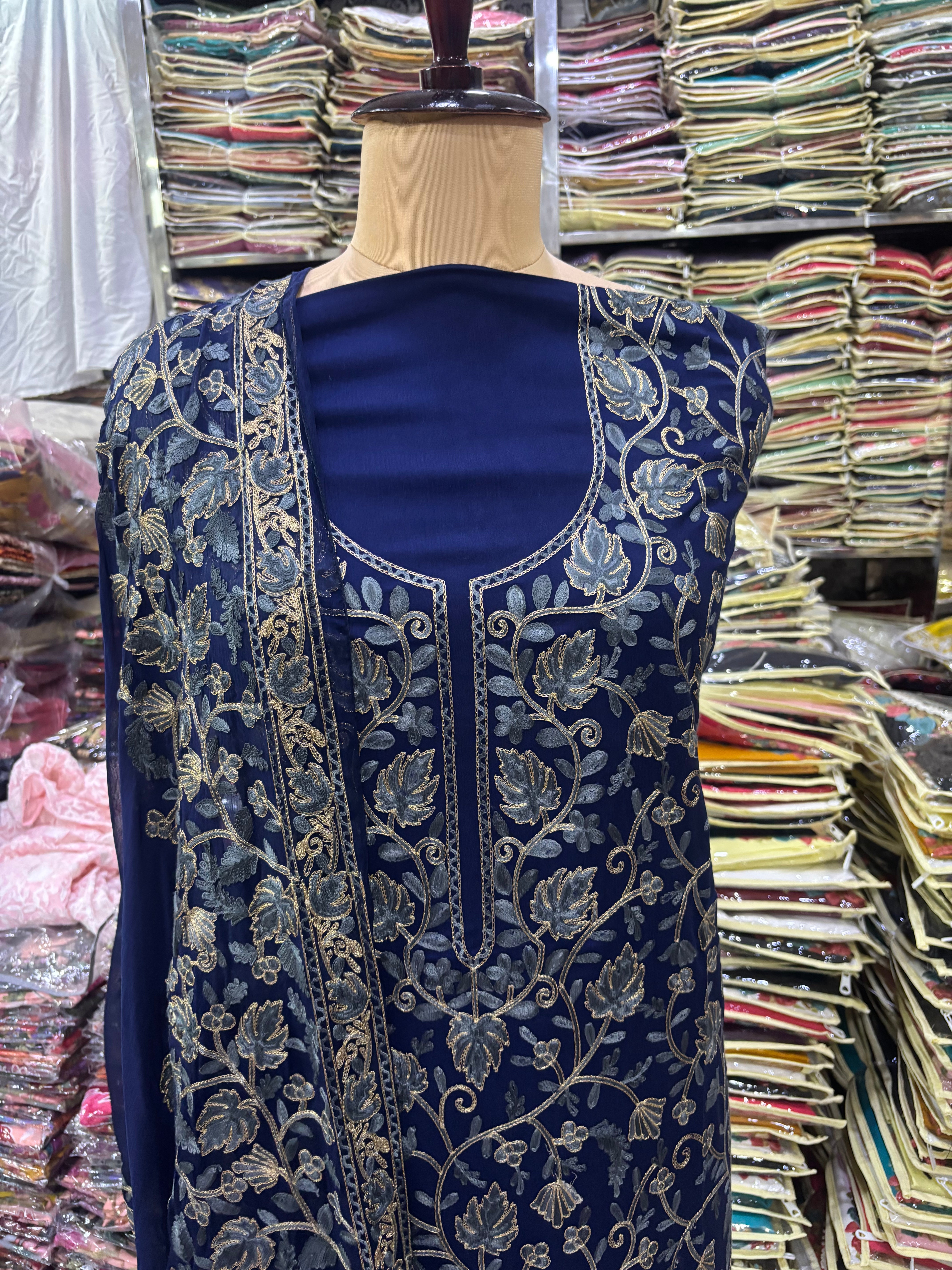 Pure rayon cotton navy blue coloured embroidery suit set