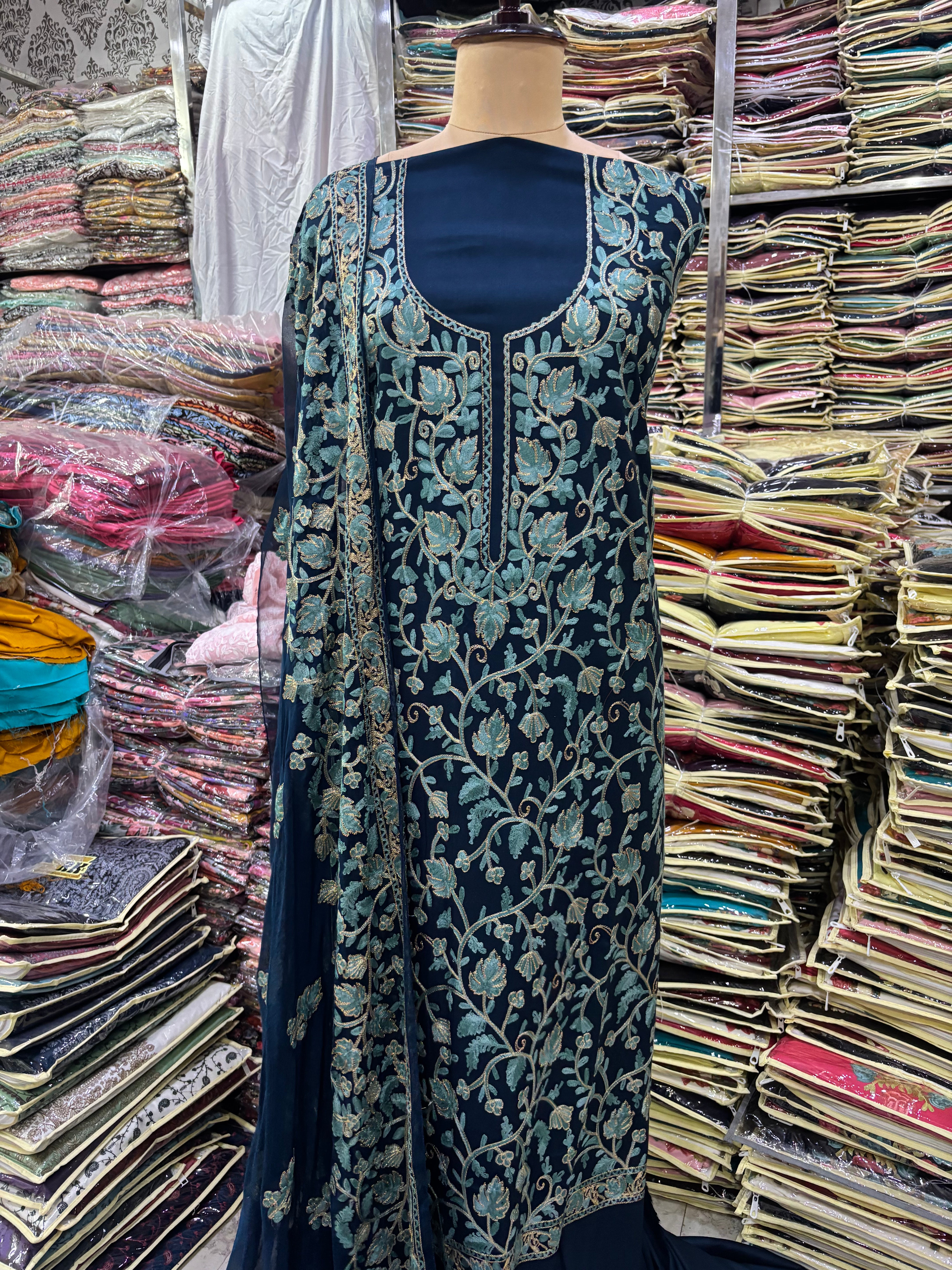 Pure rayon cotton petrol blue coloured embroidery suit set