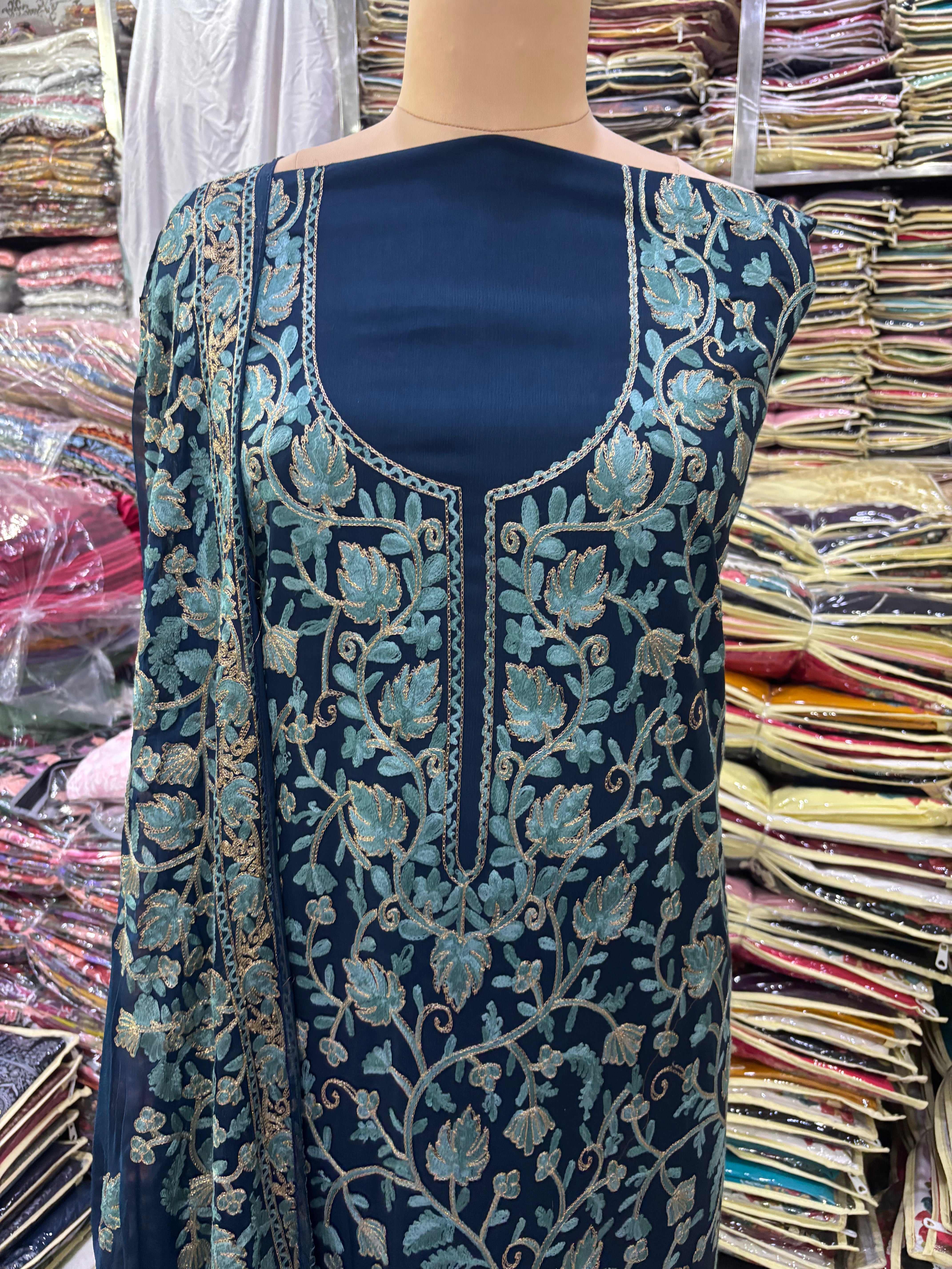 Pure rayon cotton petrol blue coloured embroidery suit set