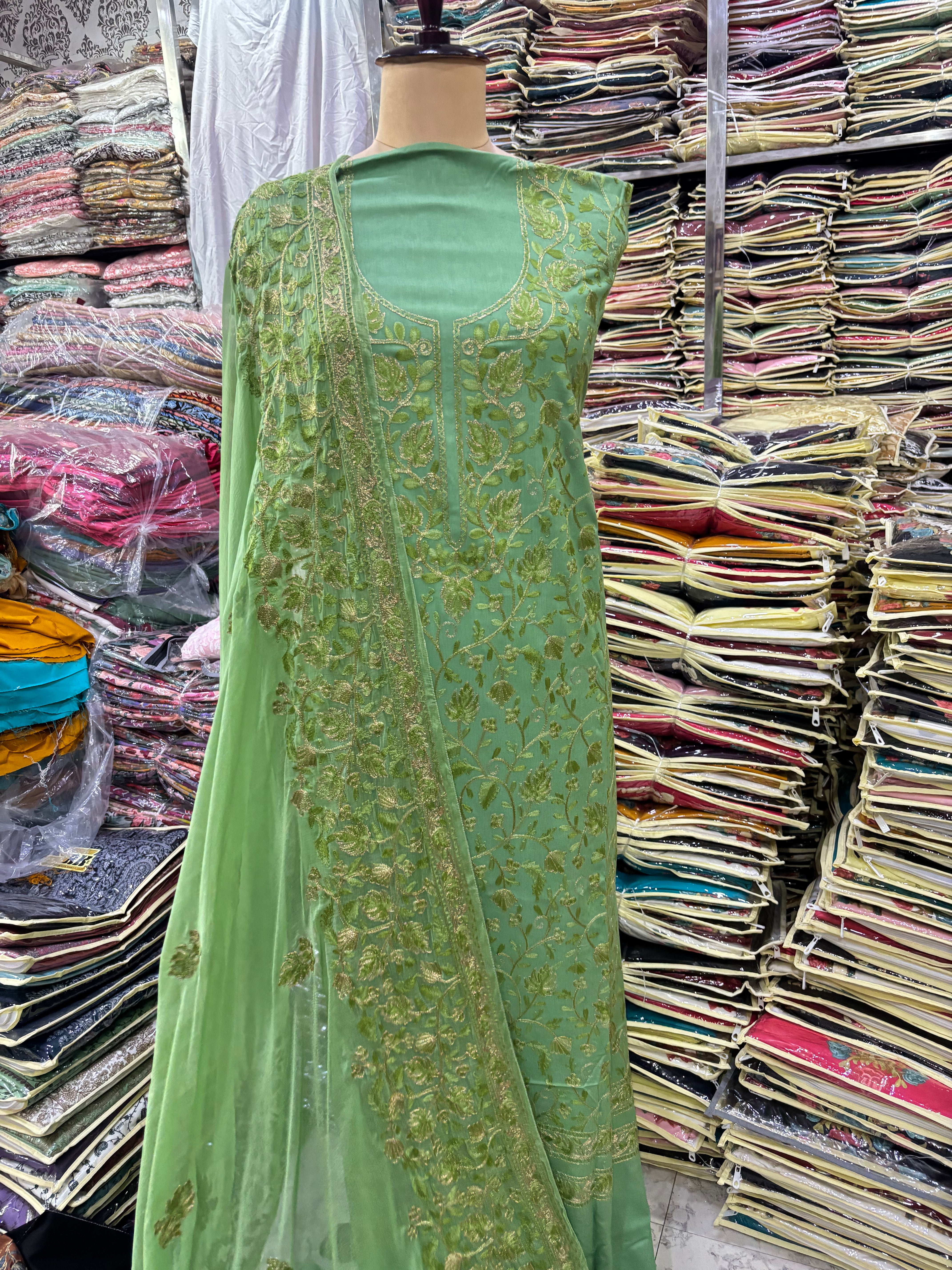 Pure rayon cotton pista coloured embroidery suit set