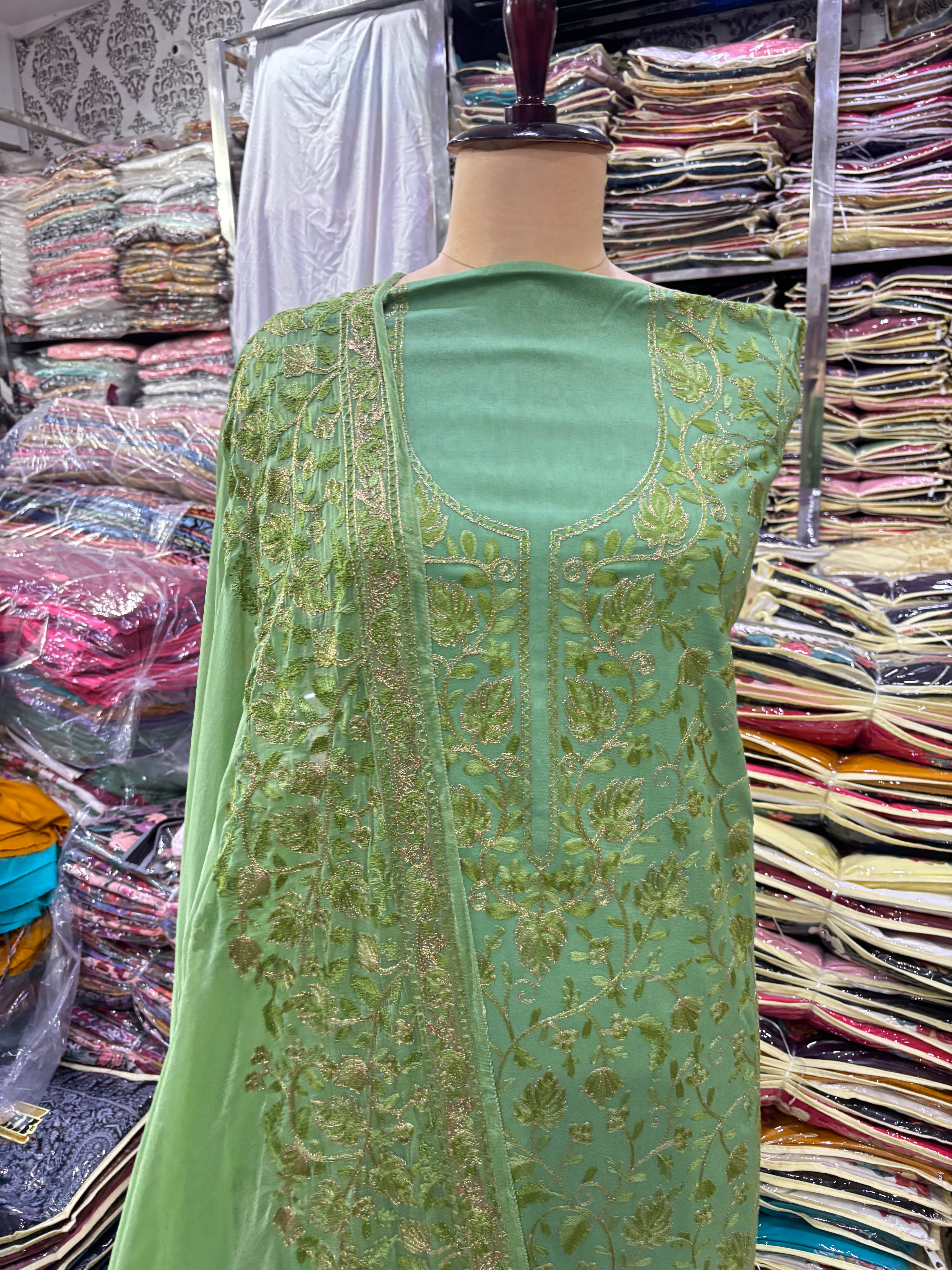 Pure rayon cotton pista coloured embroidery suit set