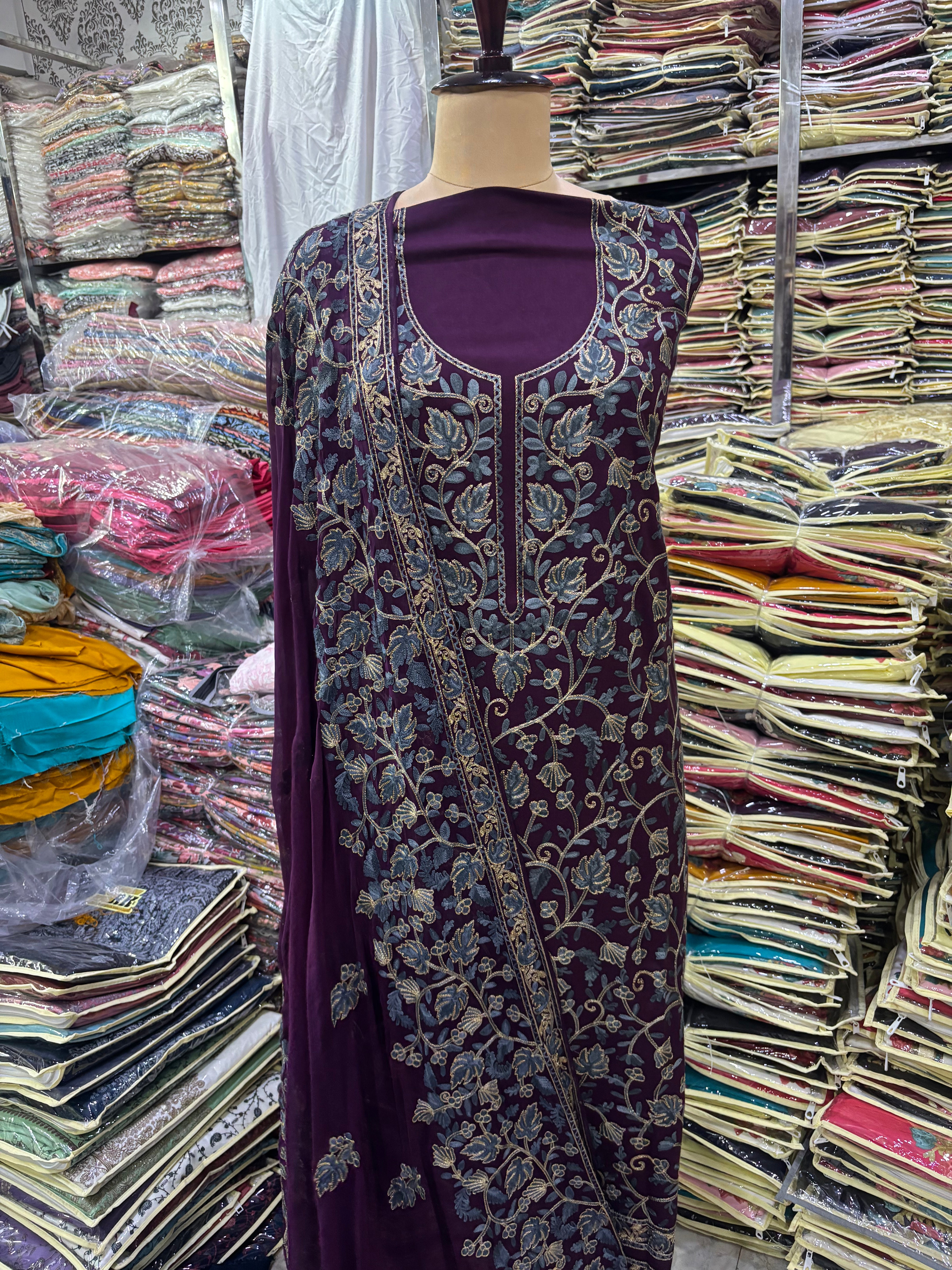 Pure rayon cotton deep wine colored embroidery suit set