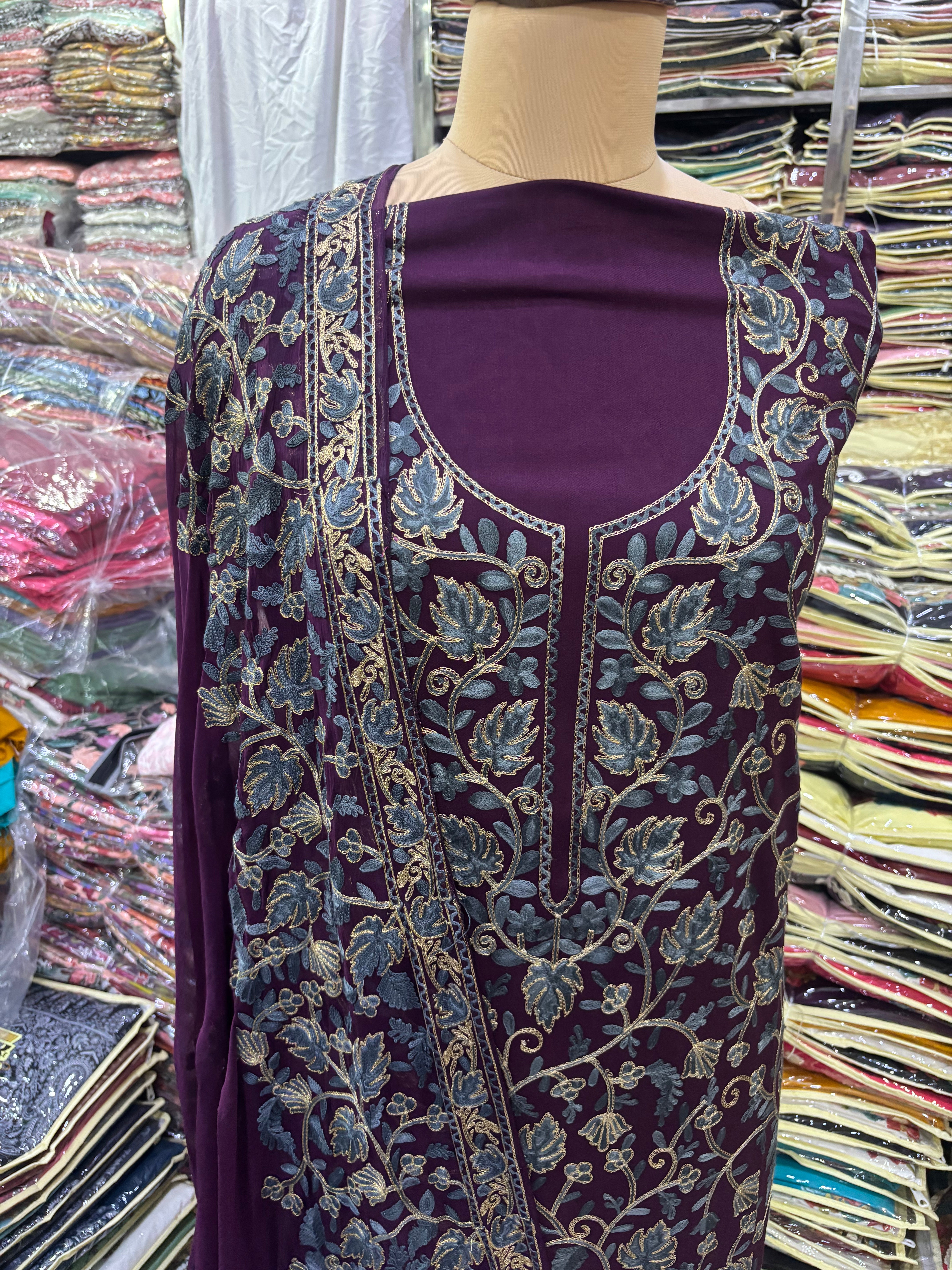 Pure rayon cotton deep wine colored embroidery suit set