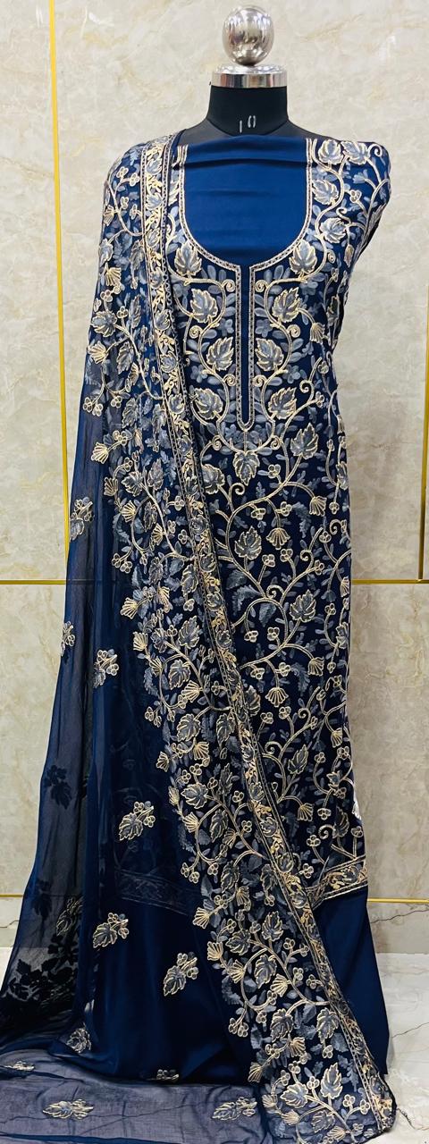 Navy blue pure rayon cotton Embroidery Suit